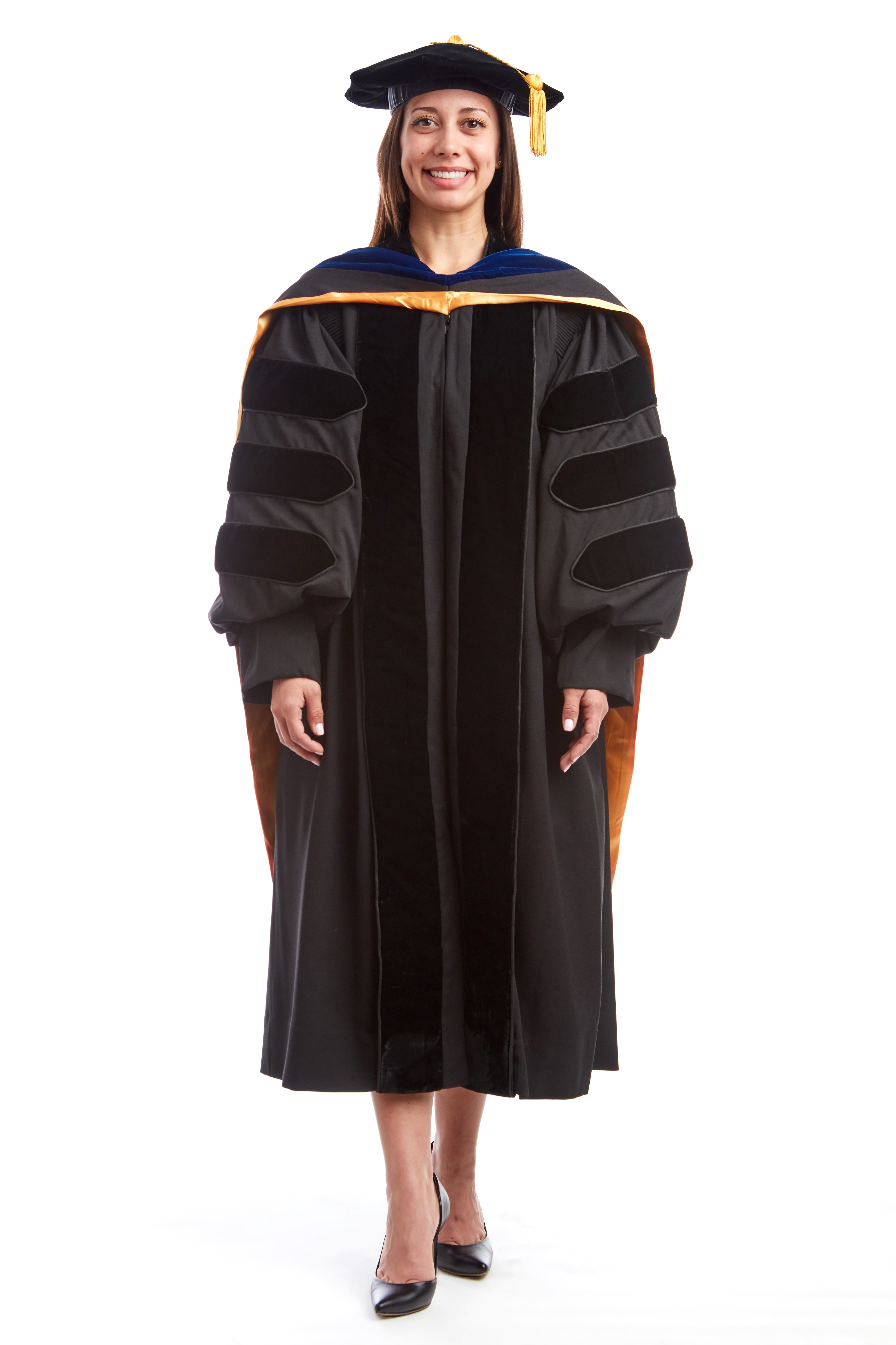 Premium Doctoral Black Gown, 8-Sided Cap / Tam, & PhD Hood Regalia Rental Set