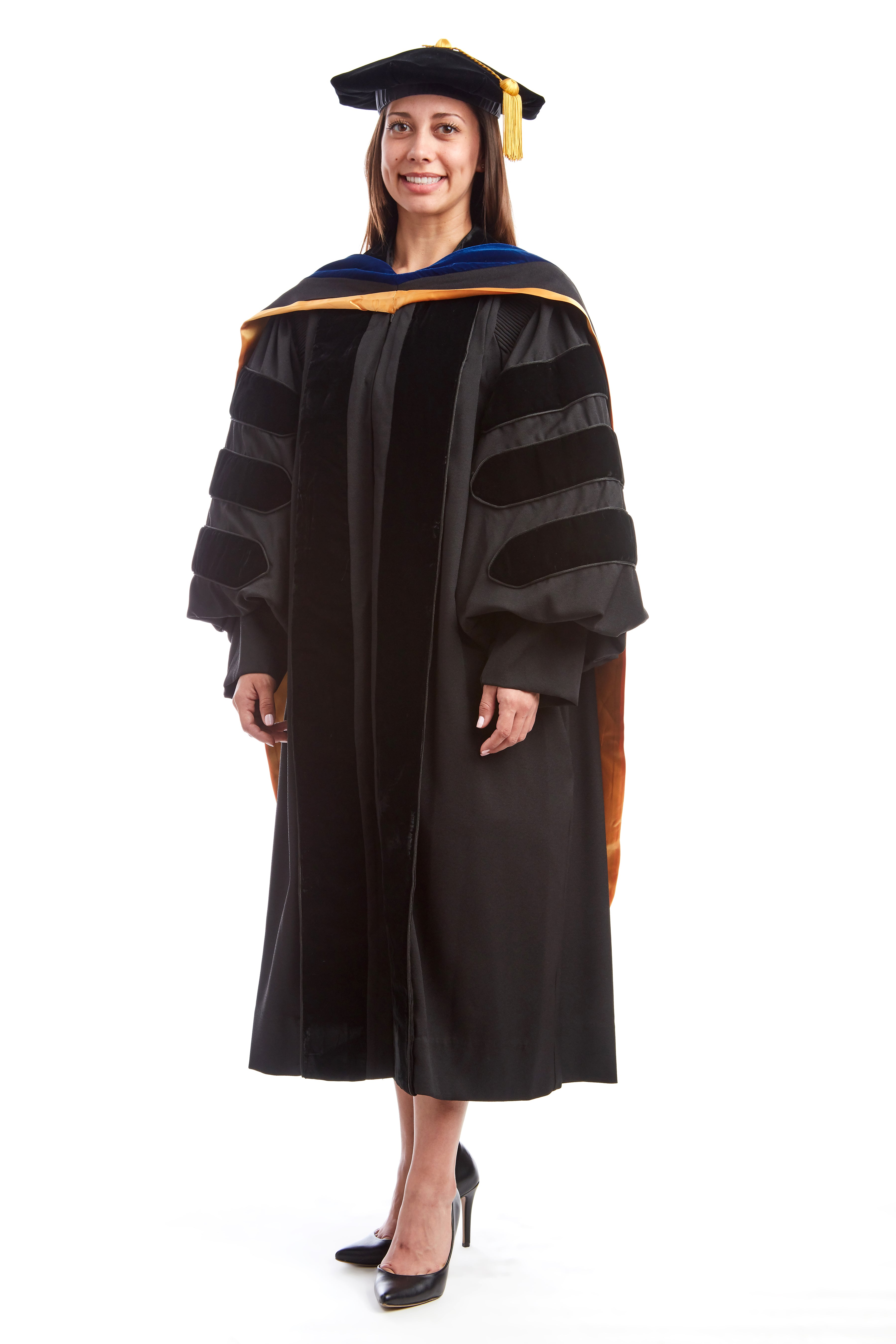 Premium Doctoral Black Gown, 8-Sided Cap / Tam, & PhD Hood Regalia Rental Set