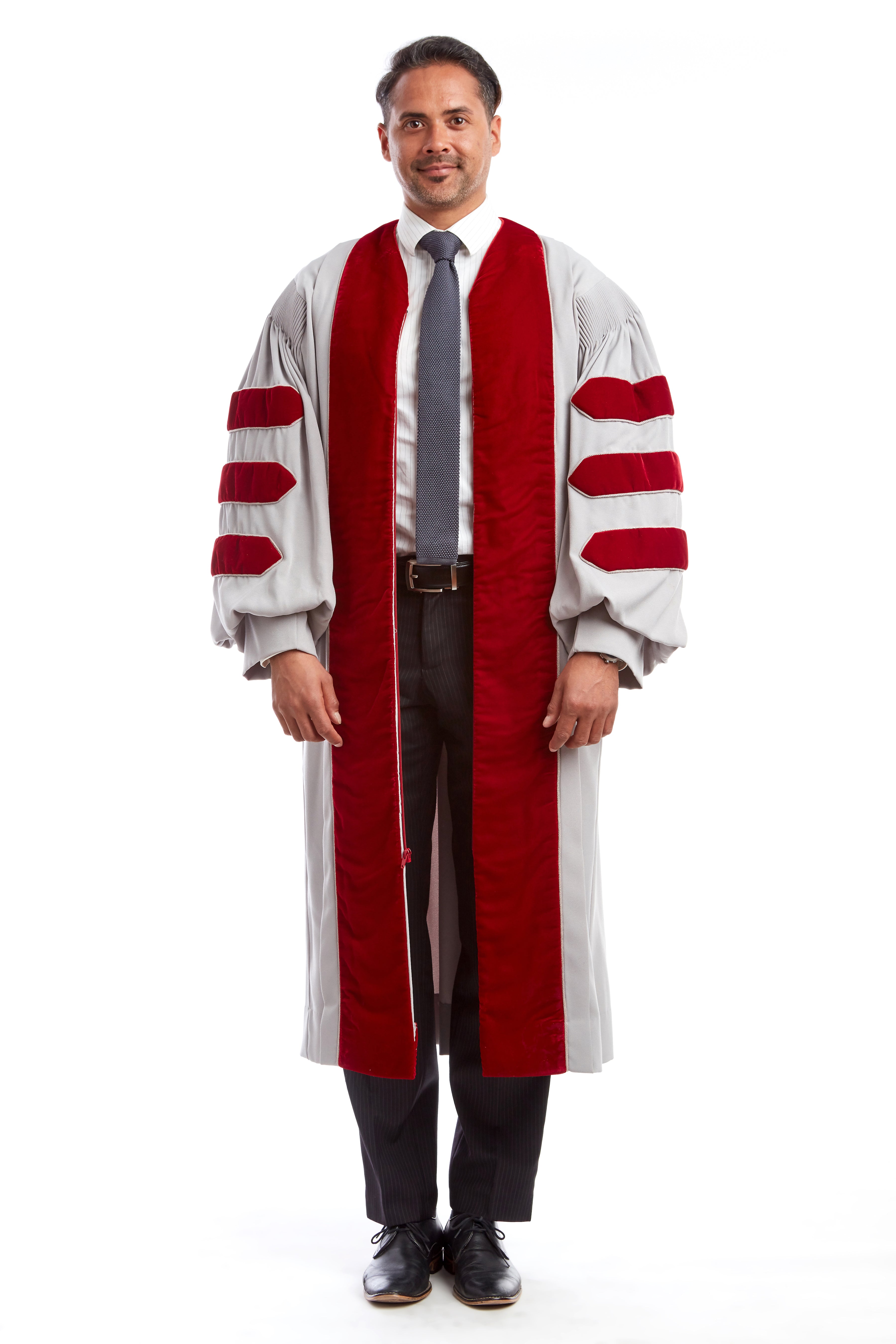 MIT Doctoral Gown. Grey with Cardinal Red Premium Velvet.