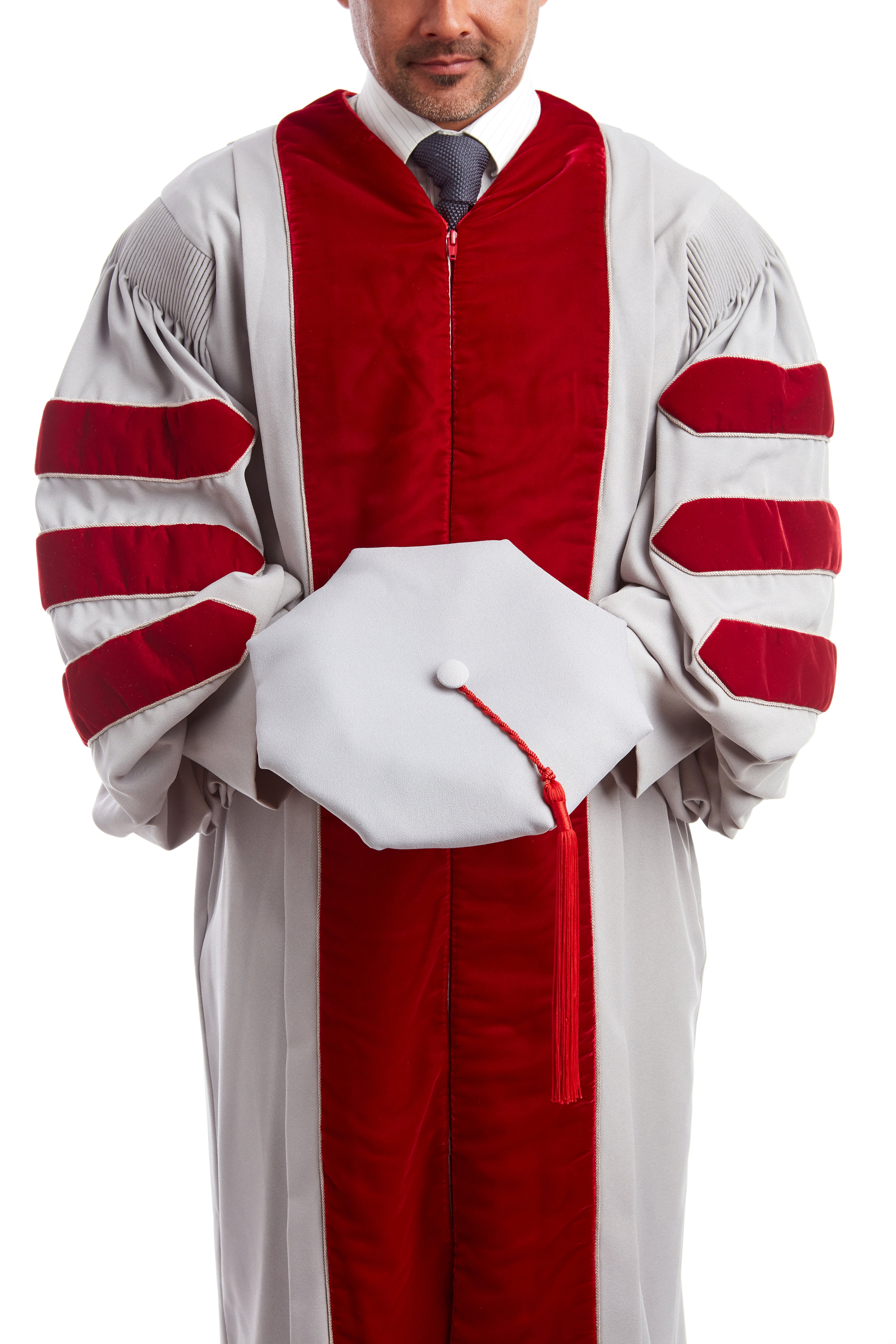 MIT Doctoral Regalia Set. Premium Grey and Cardinal Red Gown with Eight-Sided Cap/Tam including Red Tassel
