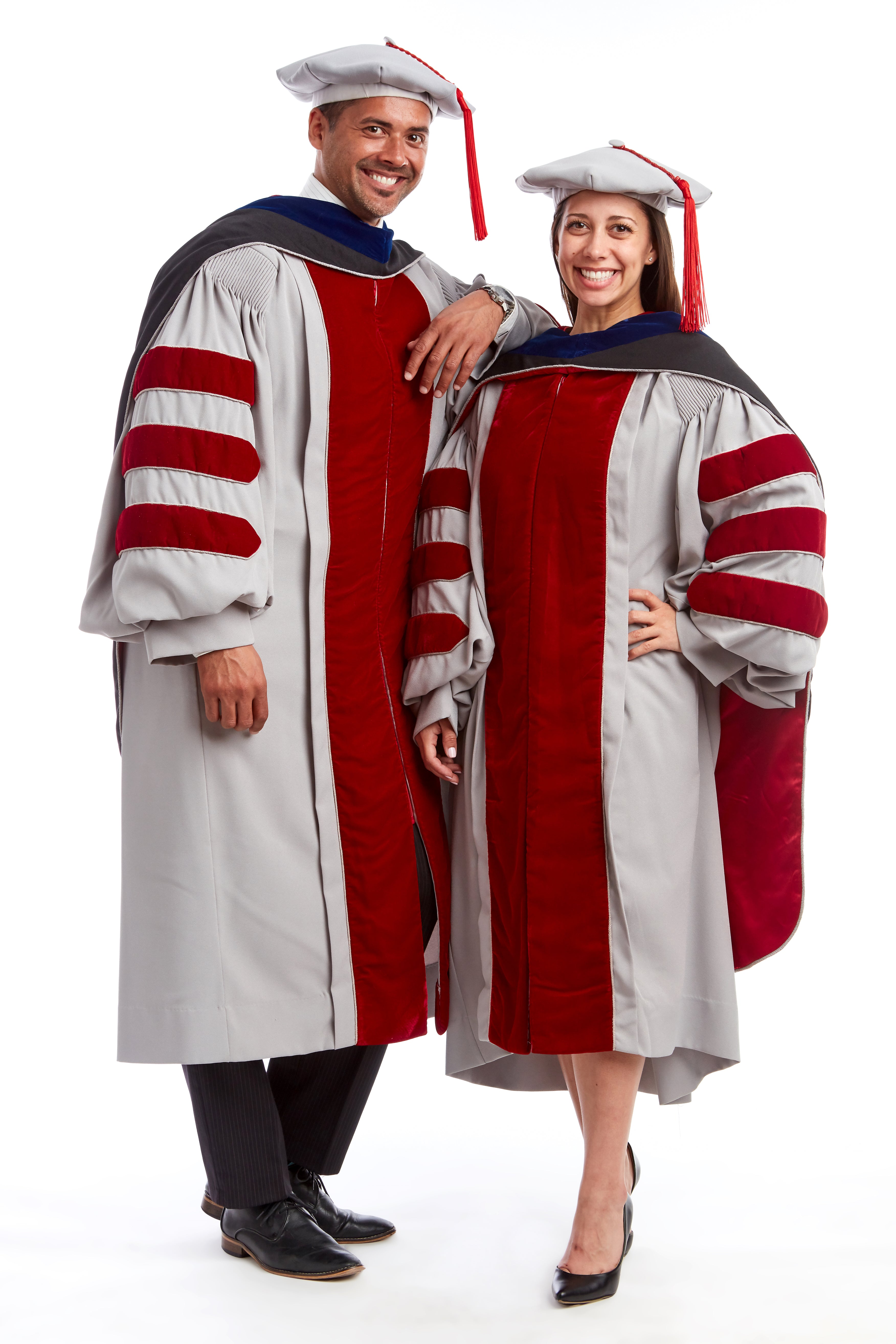 MIT Doctoral Regalia Set. Doctoral Grey and Cardinal Red Gown, PhD Hood, and Eight-Sided Cap/Tam including Red Tassel