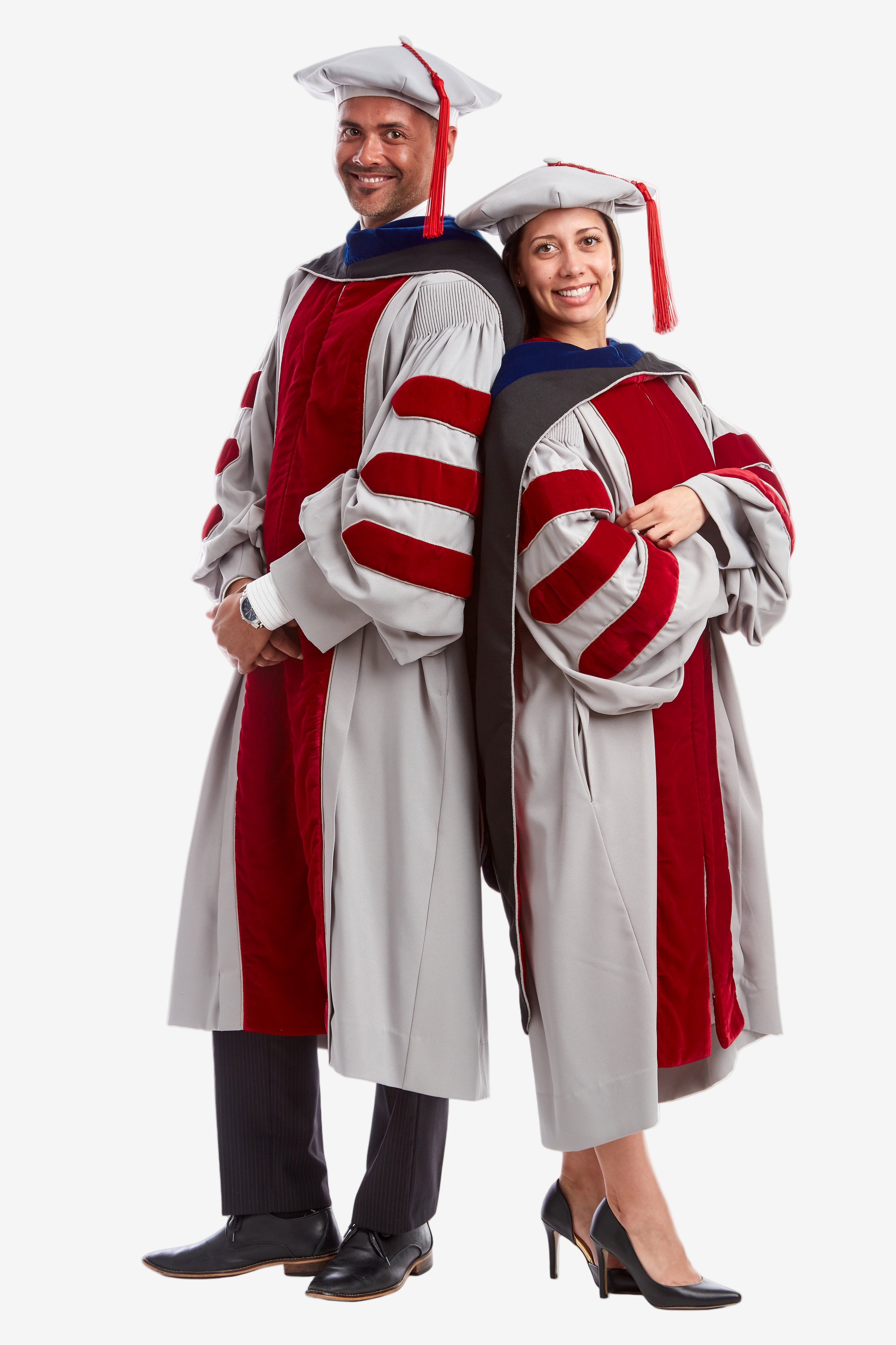 MIT Doctoral Regalia Set. Doctoral Grey and Cardinal Red Gown, PhD Hood, and Eight-Sided Cap/Tam including Red Tassel