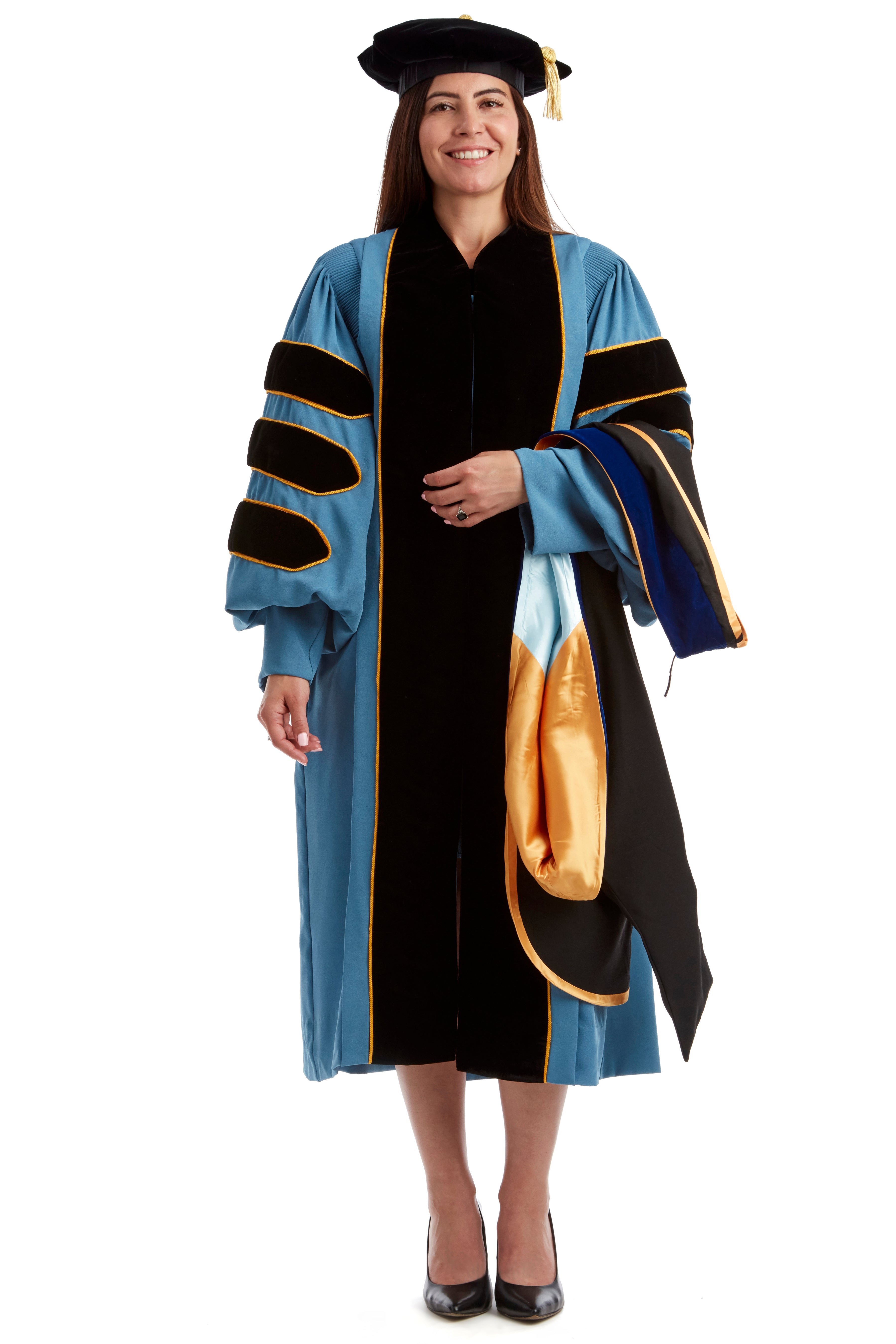 University of Michigan PhD Regalia Rental Set. Doctoral Gown, PhD Hood, and eight sided doctoral Tam with silk or gold bullion tassel