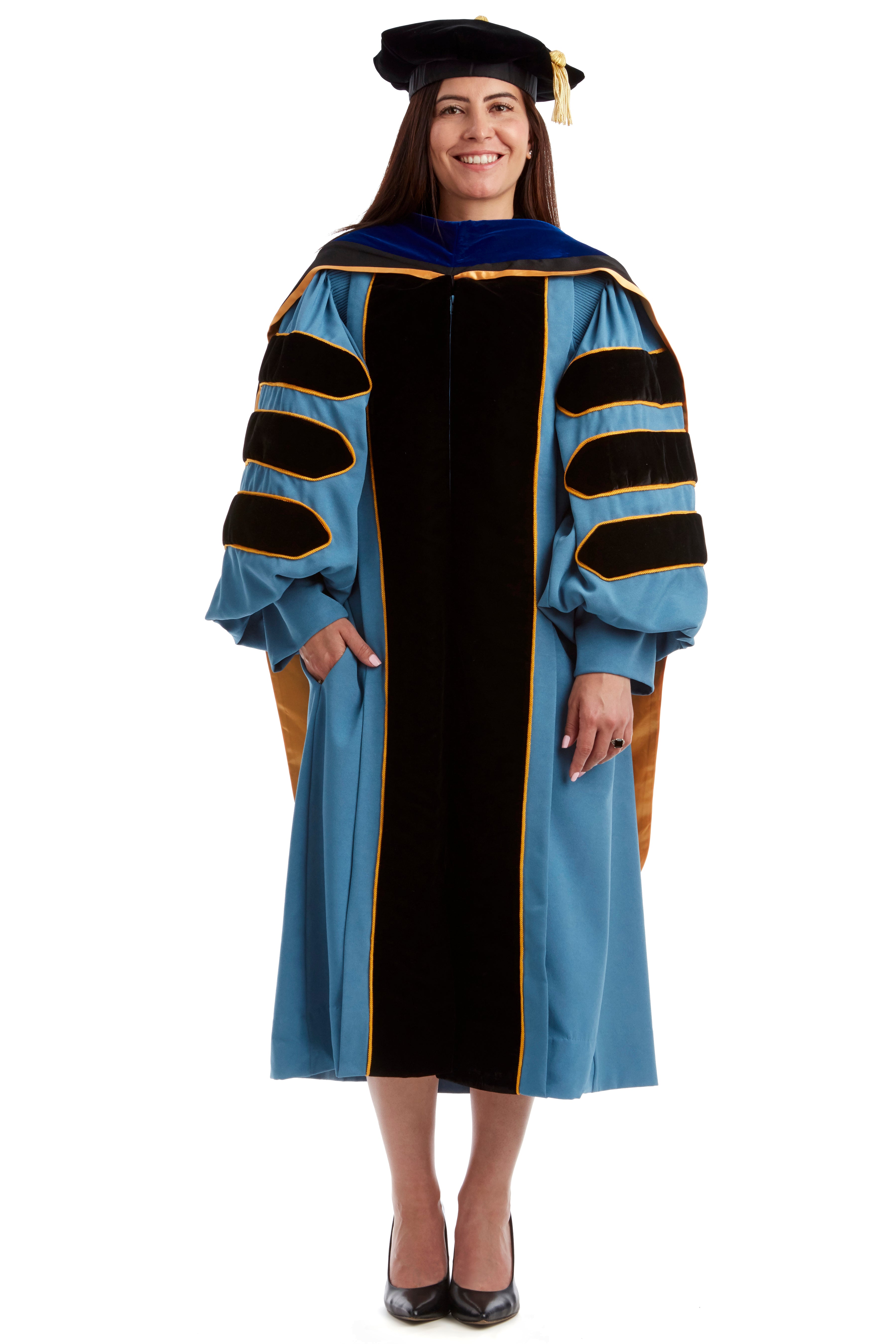 University of Michigan PhD Regalia Rental Set. Doctoral Gown, PhD Hood, and eight sided doctoral Tam with silk or gold bullion tassel