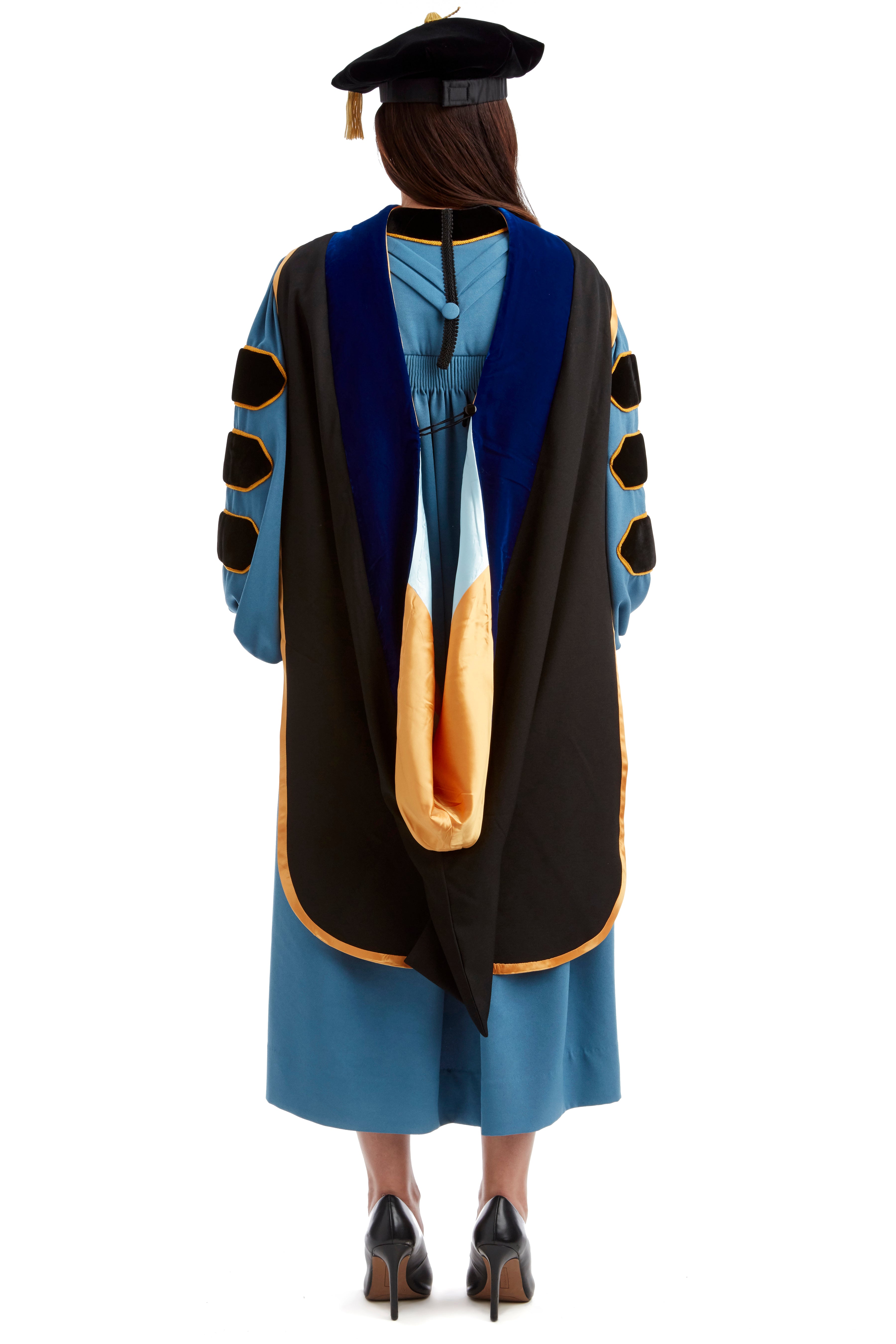 University of Michigan PhD Regalia Rental Set. Doctoral Gown, PhD Hood, and eight sided doctoral Tam with silk or gold bullion tassel