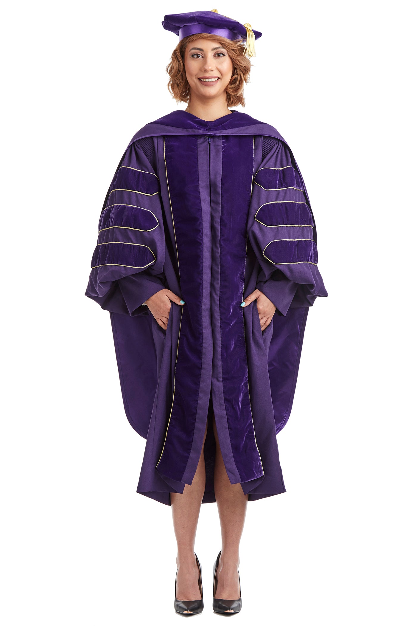 University of Washington PhD Regalia Rental Set. Doctoral Gown, Hood, and Eight Sided Doctoral Tam with Tassel
