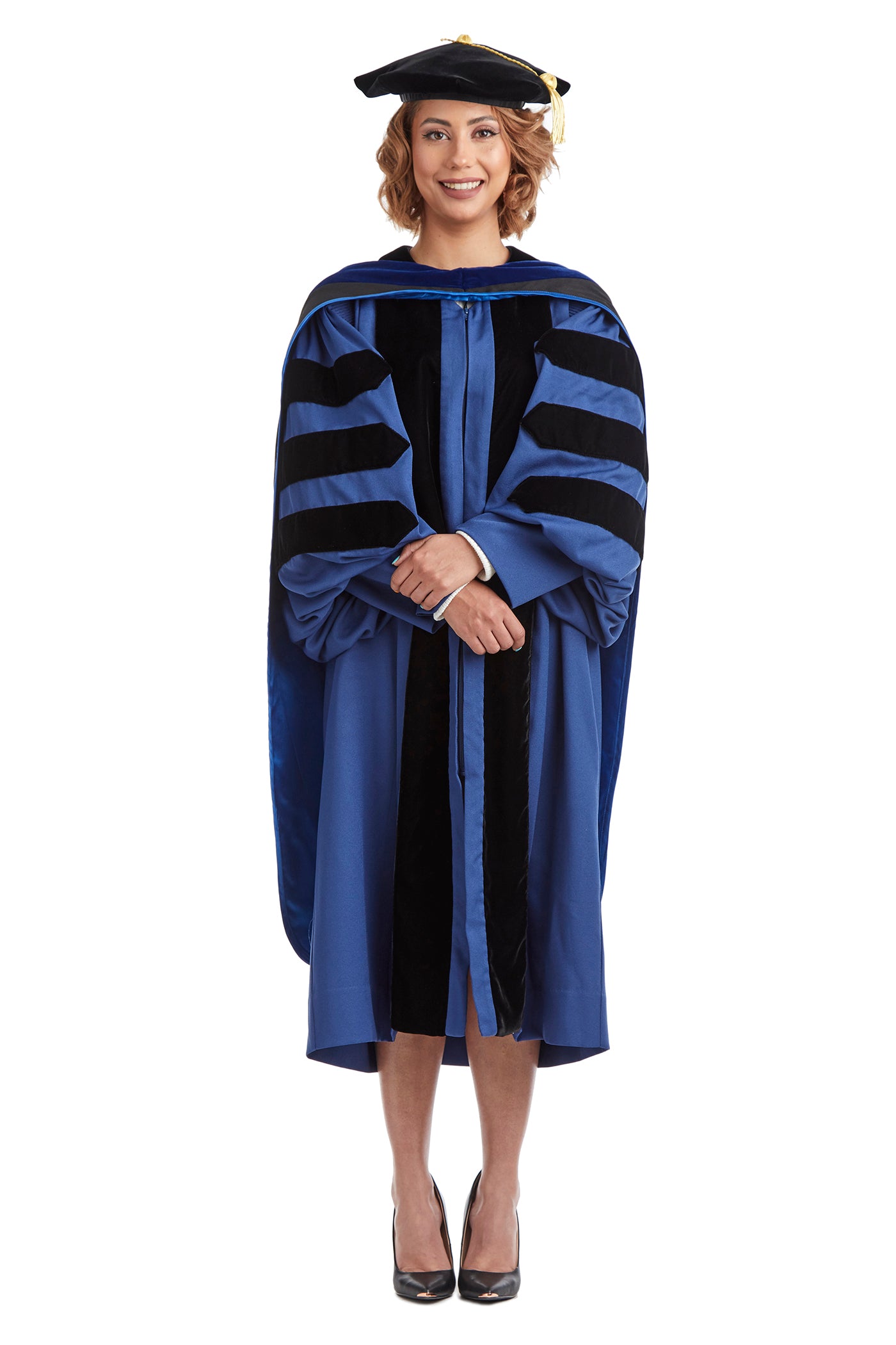 Yale University Doctoral Regalia Set. Doctoral Gown, PhD Hood, and Eight Sided Doctoral Tam with Tassel