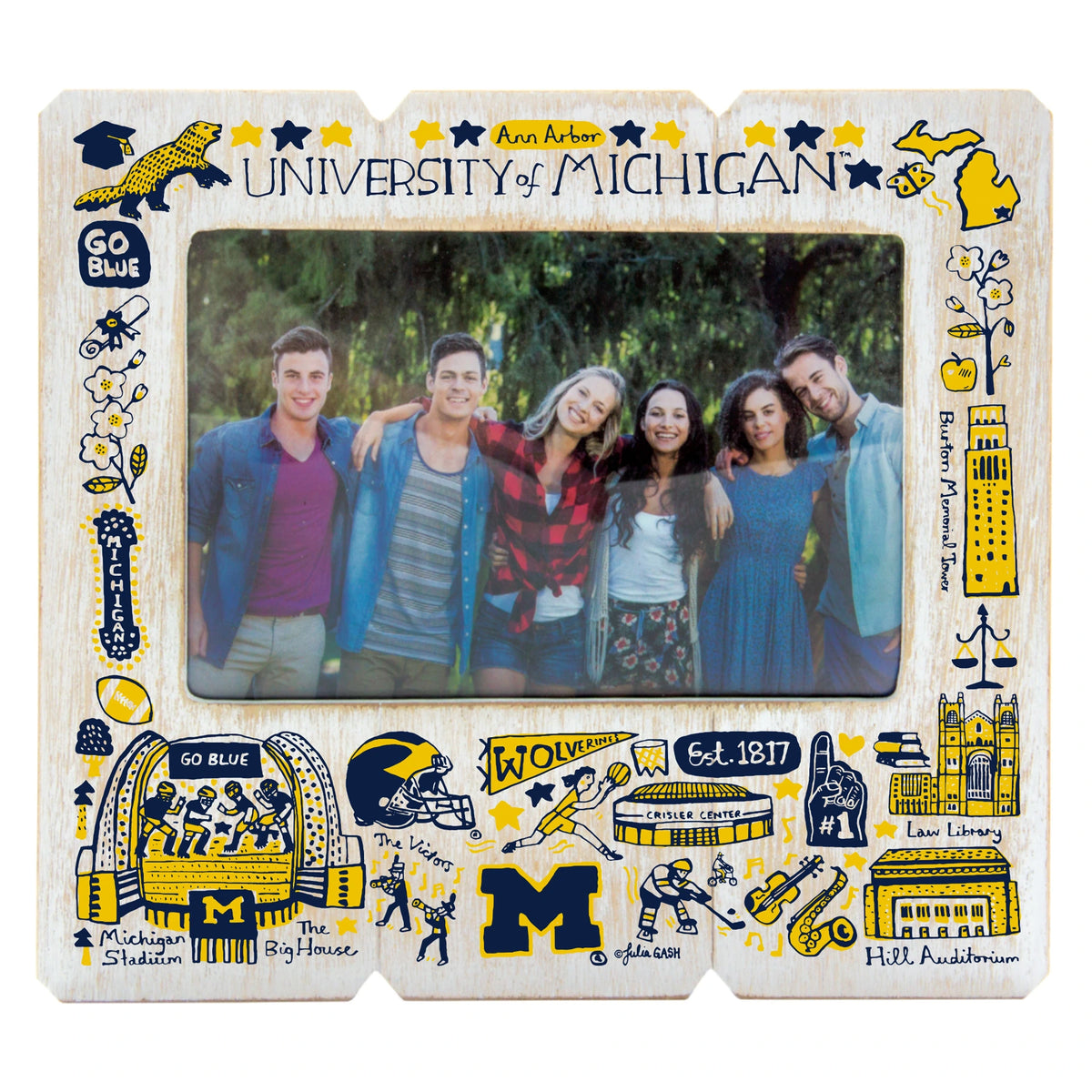 University of Michigan wood picture frame with Julia Gash campus illustrations in maize and blue