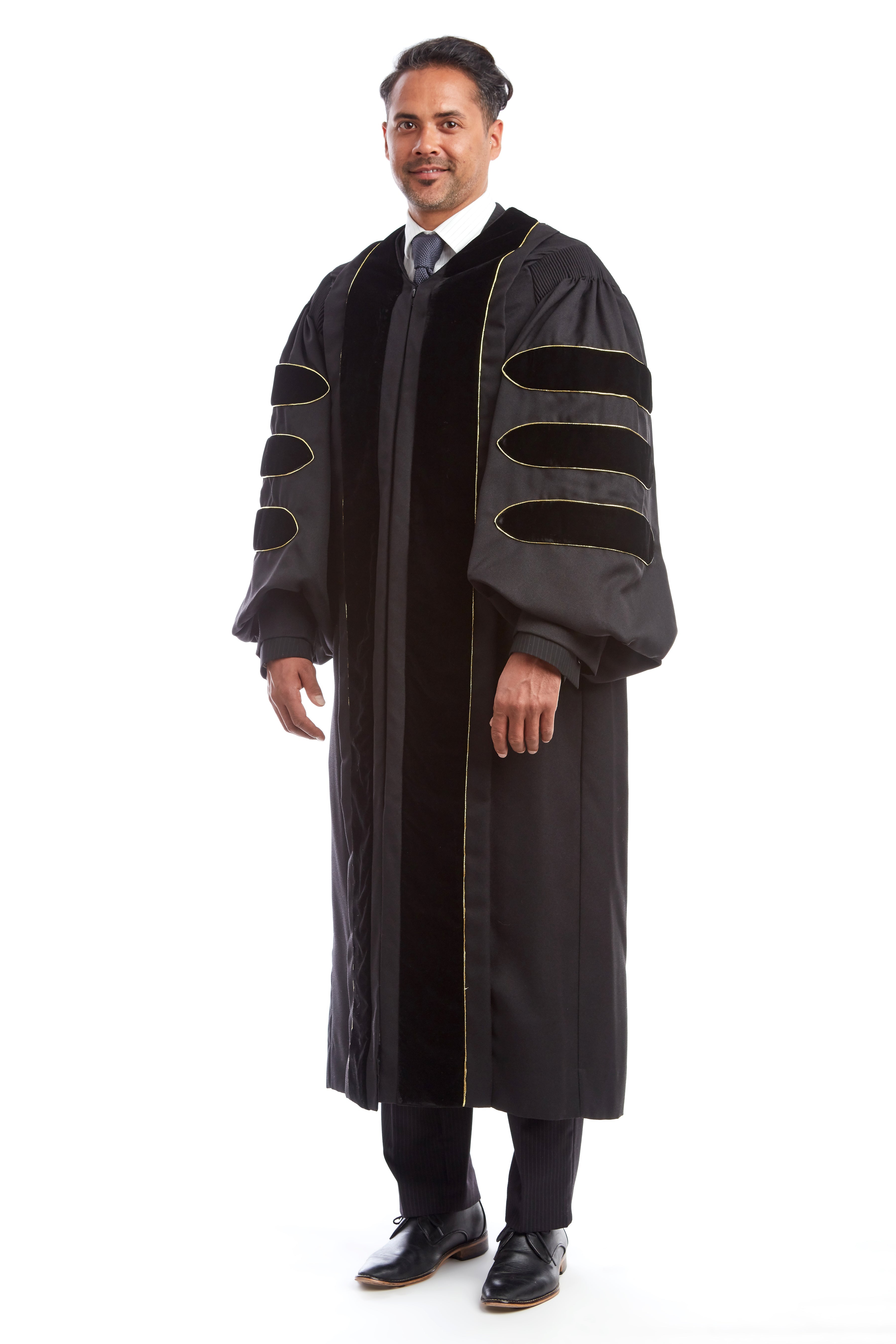 Premium Black Doctoral Gown with Gold Piping for Graduation 