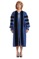 Georgia State University blue doctoral gown with black velvet panels and sleeve chevrons