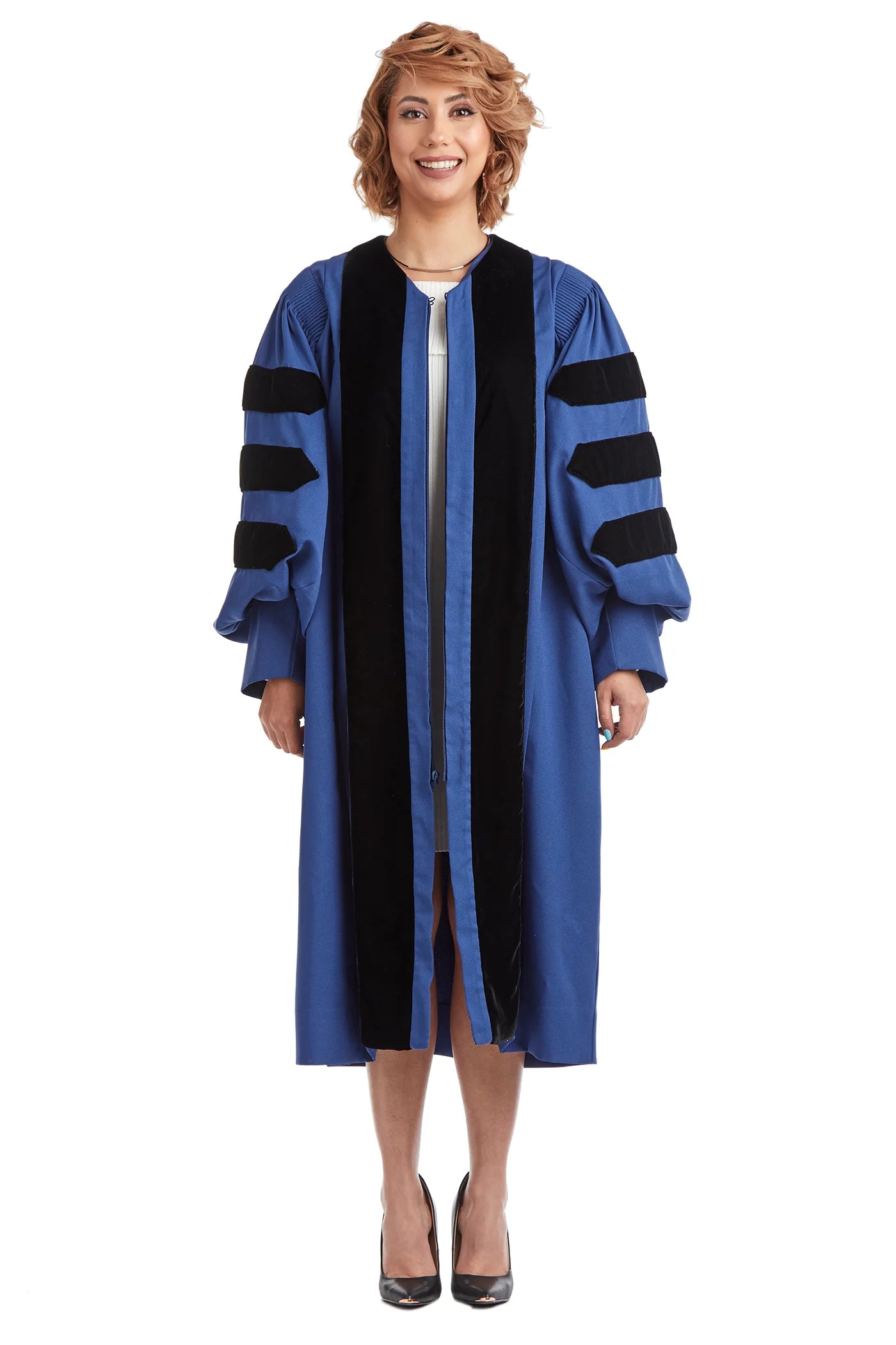Georgia State University blue doctoral gown with black velvet panels and sleeve chevrons