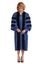 Georgia State University blue doctoral gown with black velvet panels and sleeve chevrons