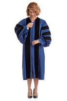 Georgia State University blue doctoral gown with black velvet panels and sleeve chevrons