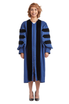 Georgia State University blue doctoral gown with black velvet panels and sleeve chevrons