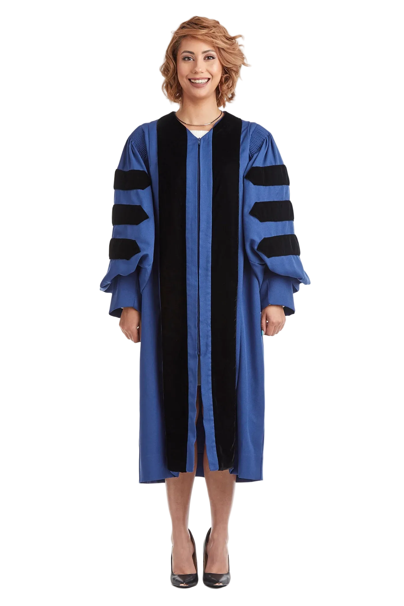 Georgia State University blue doctoral gown with black velvet panels and sleeve chevrons
