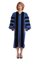 Georgia State University blue doctoral gown with black velvet panels and sleeve chevrons