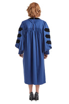 Georgia State University blue doctoral gown with black velvet panels and sleeve chevrons