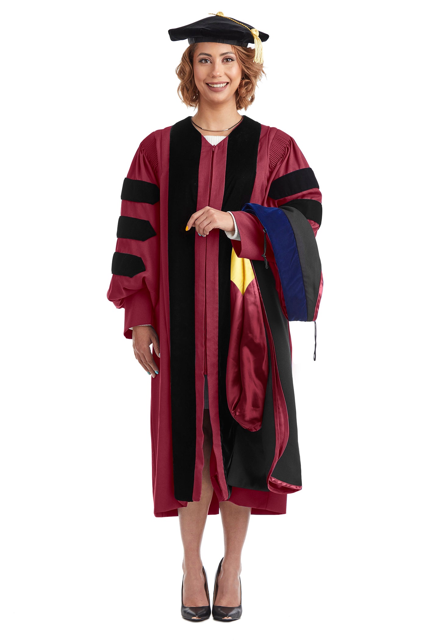 Arizona State University PhD Regalia Set. Doctoral Gown, Hood, and Eight Sided Doctoral Tam with Tassel