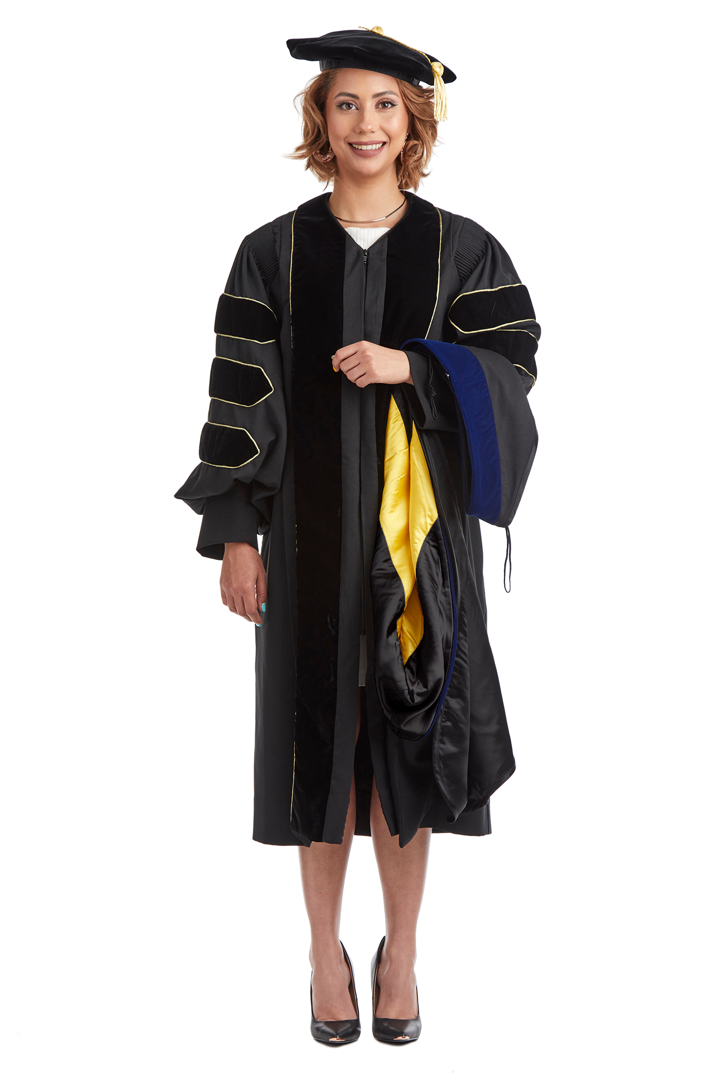 Purdue University PhD Regalia Set. Doctoral Gown, Hood, and Eight Sided Doctoral Tam with Tassel