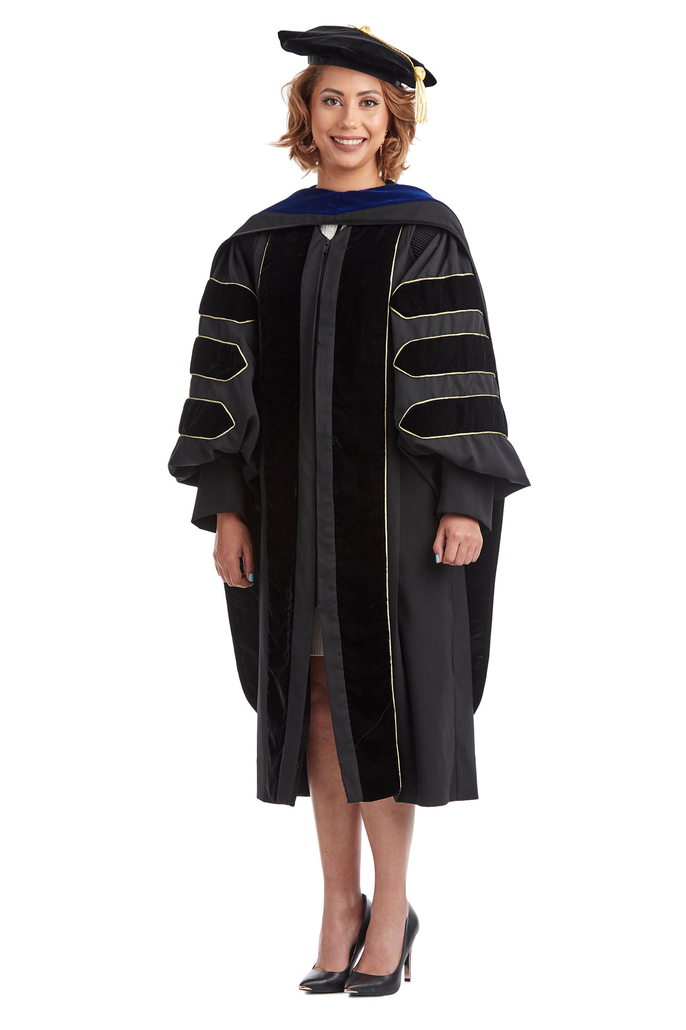 Purdue University PhD Regalia Set. Doctoral Gown, Hood, and Eight Sided Doctoral Tam with Tassel