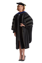 Purdue University PhD Regalia Set. Doctoral Gown, Hood, and Eight Sided Doctoral Tam with Tassel