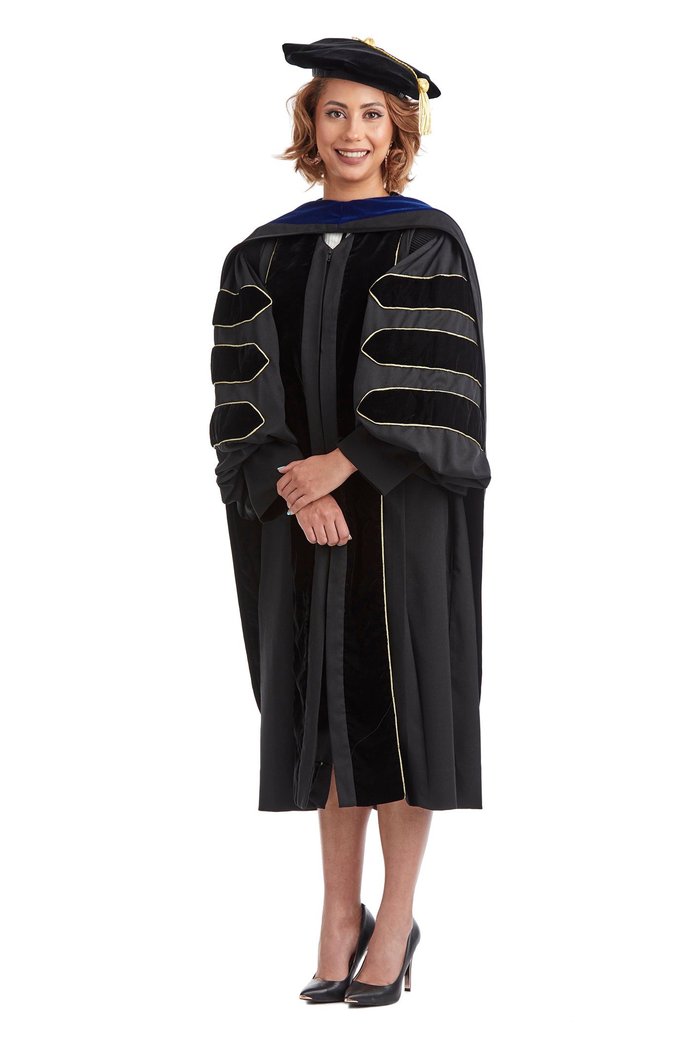 Purdue University PhD Regalia Set. Doctoral Gown, Hood, and Eight Sided Doctoral Tam with Tassel