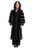 University of Louisville doctoral gown in silver gray with cardinal red velvet panels and chevrons