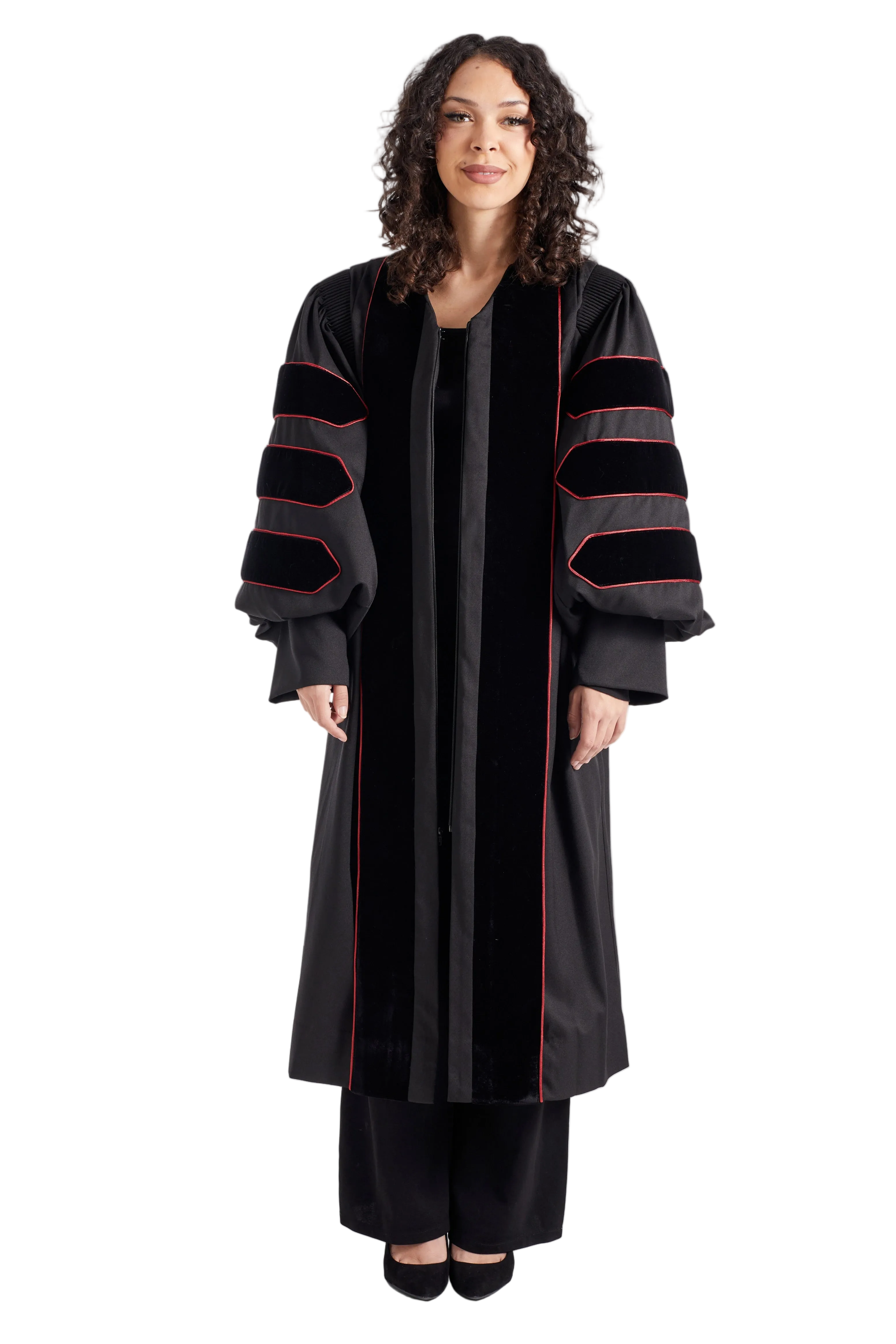 University of Louisville doctoral gown in silver gray with cardinal red velvet panels and chevrons