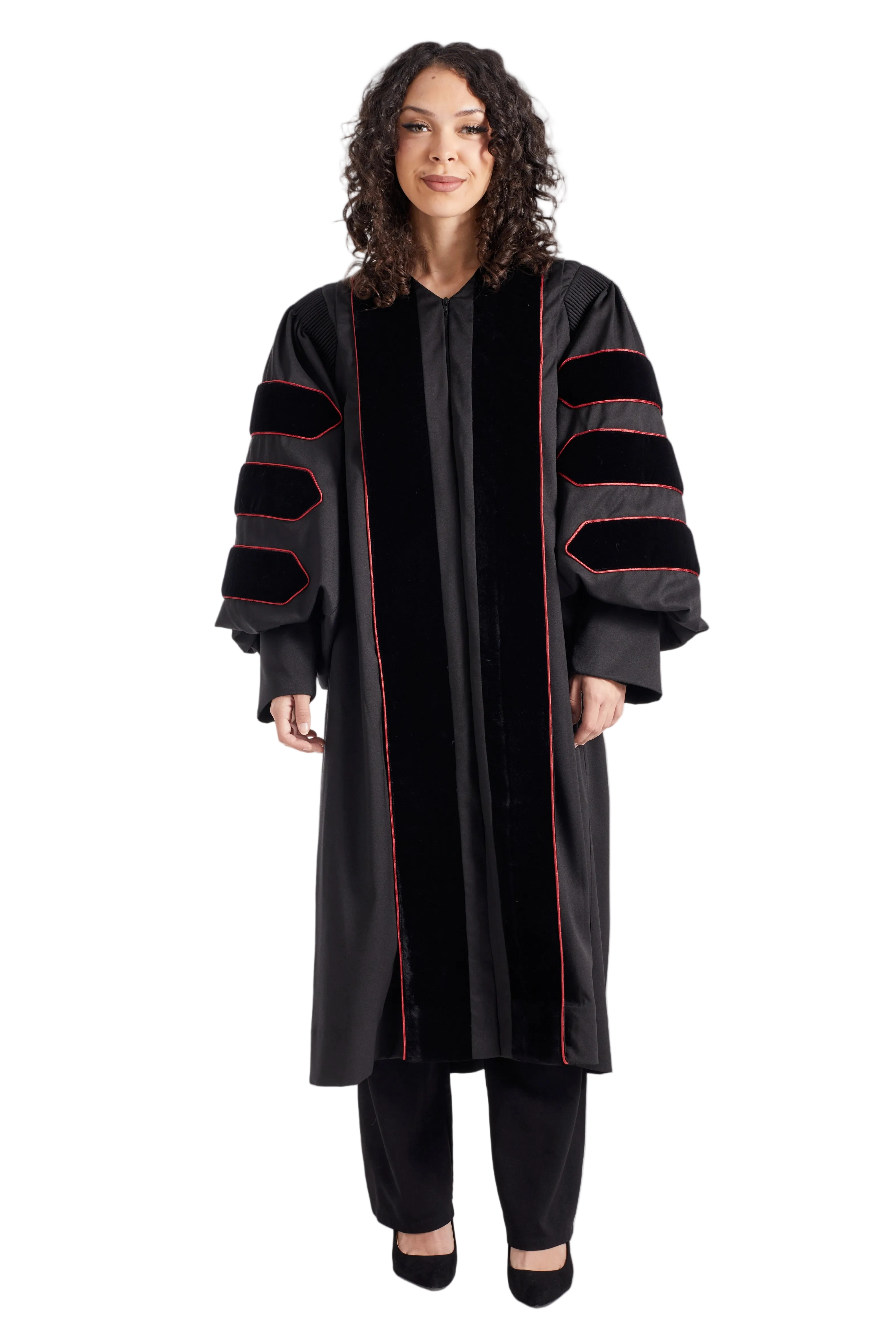 University of Louisville doctoral gown in silver gray with cardinal red velvet panels and chevrons