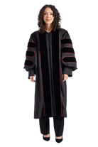 University of Louisville doctoral gown in silver gray with cardinal red velvet panels and chevrons