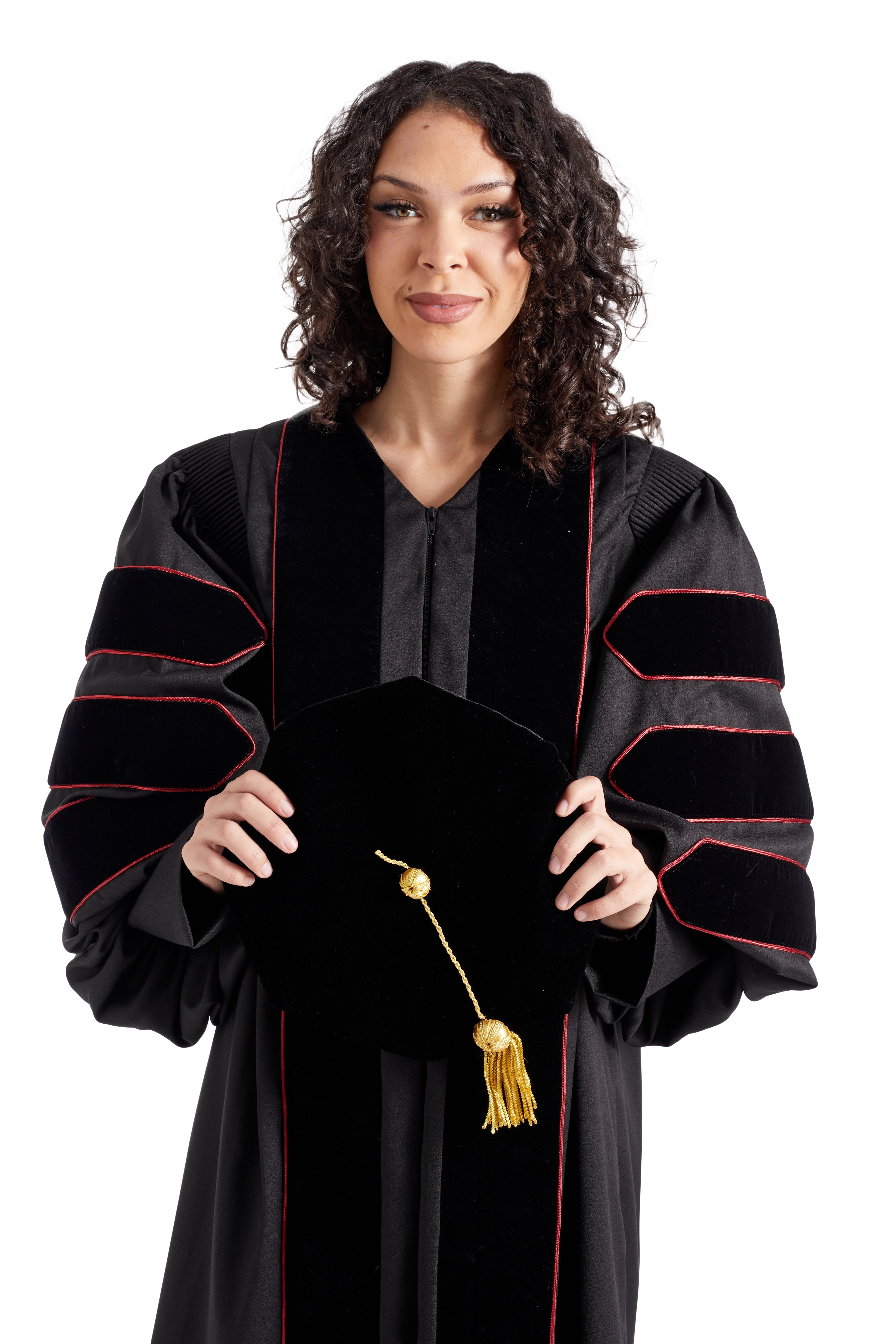 Indiana University Bloomington PhD Regalia Set. Doctoral Gown, Hood, and Eight Sided Doctoral Tam with Tassel