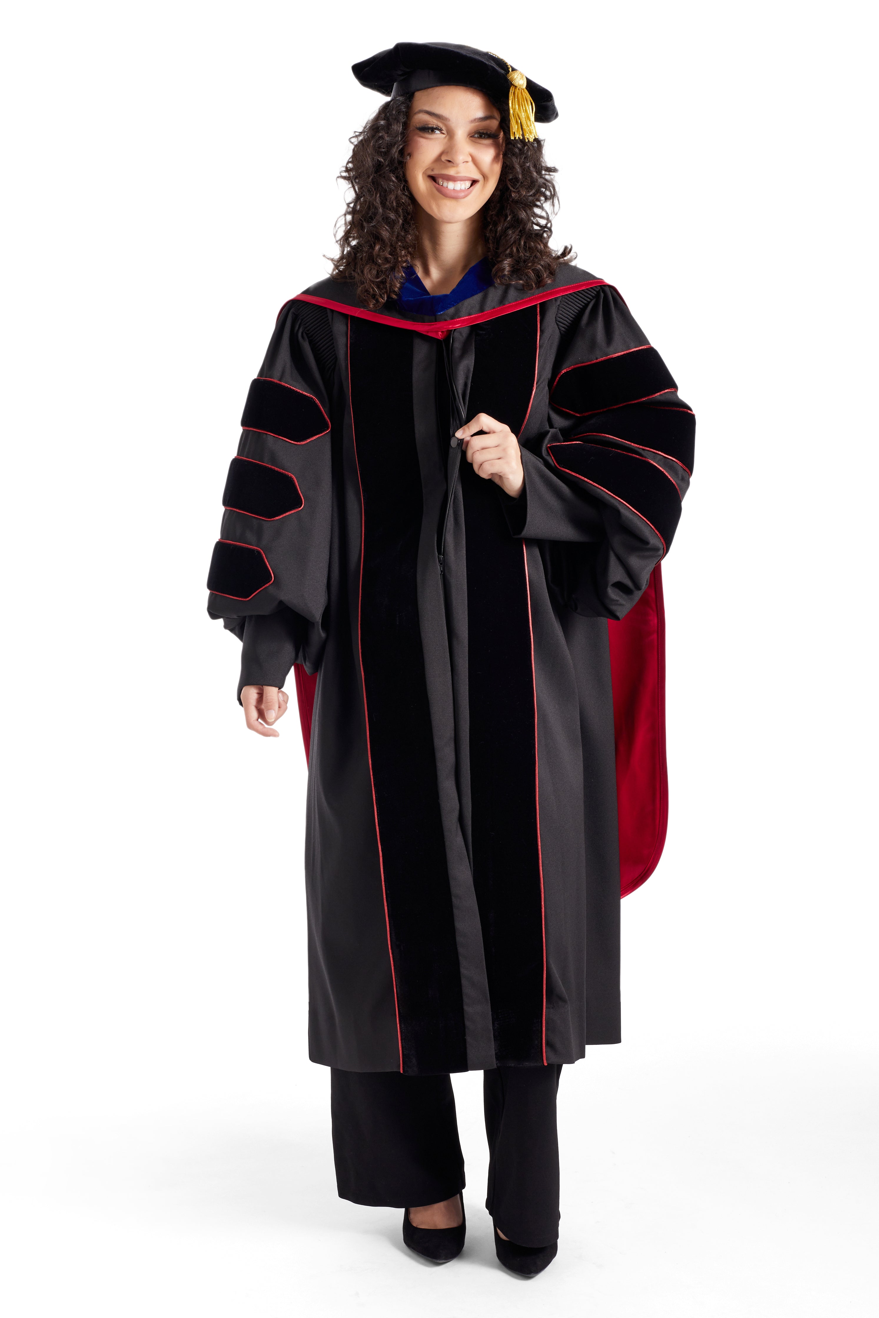 University of Arkansas PhD Regalia Set. Doctoral Gown, Hood, and Eight Sided Doctoral Tam with Tassel