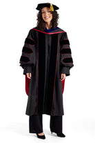 The University of Alabama PhD Regalia Set. Doctoral Gown, Hood, and Eight Sided Doctoral Tam with Tassel