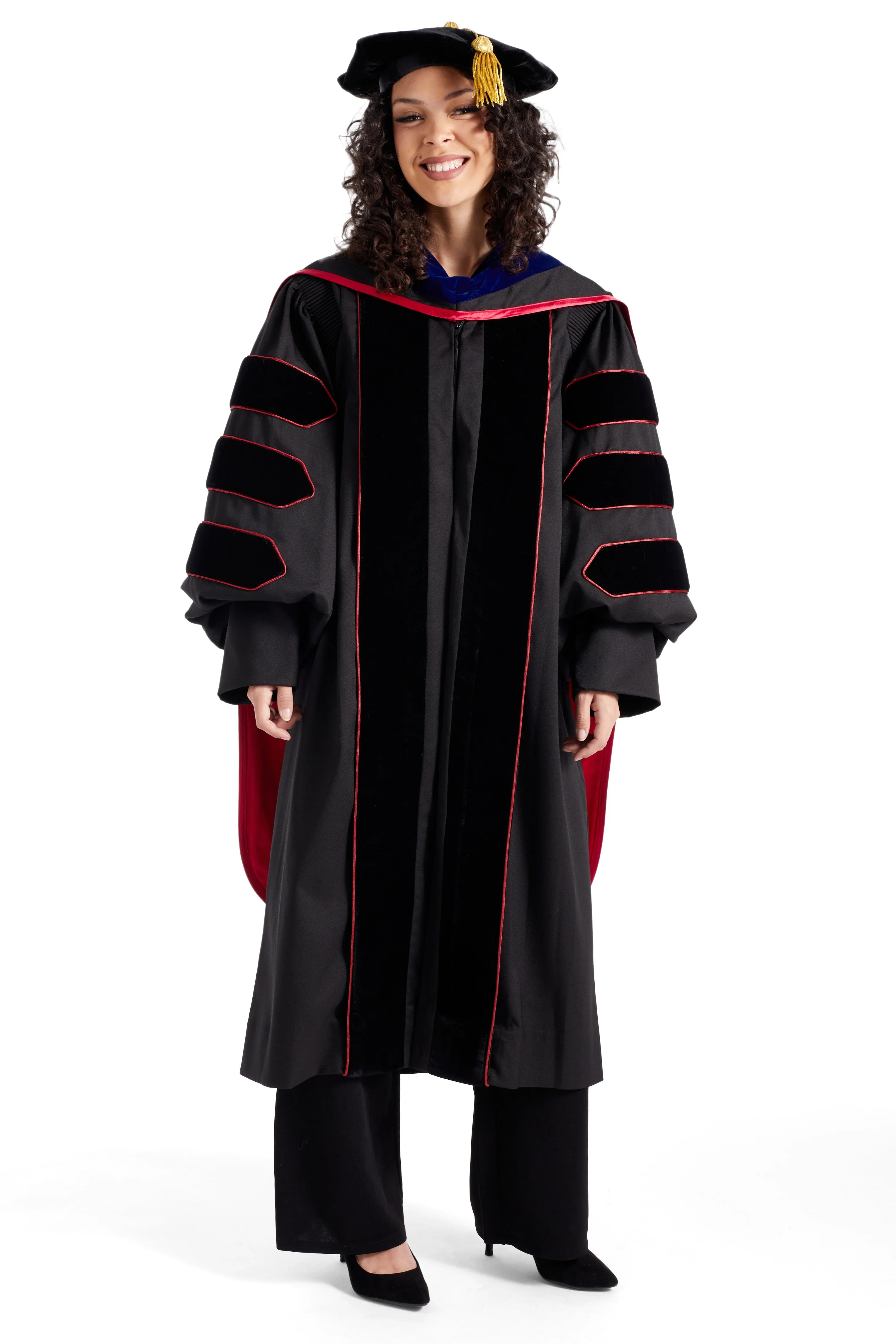 Lamar University PhD Regalia Set. Doctoral Gown, Hood, and Eight Sided Doctoral Tam with Tassel