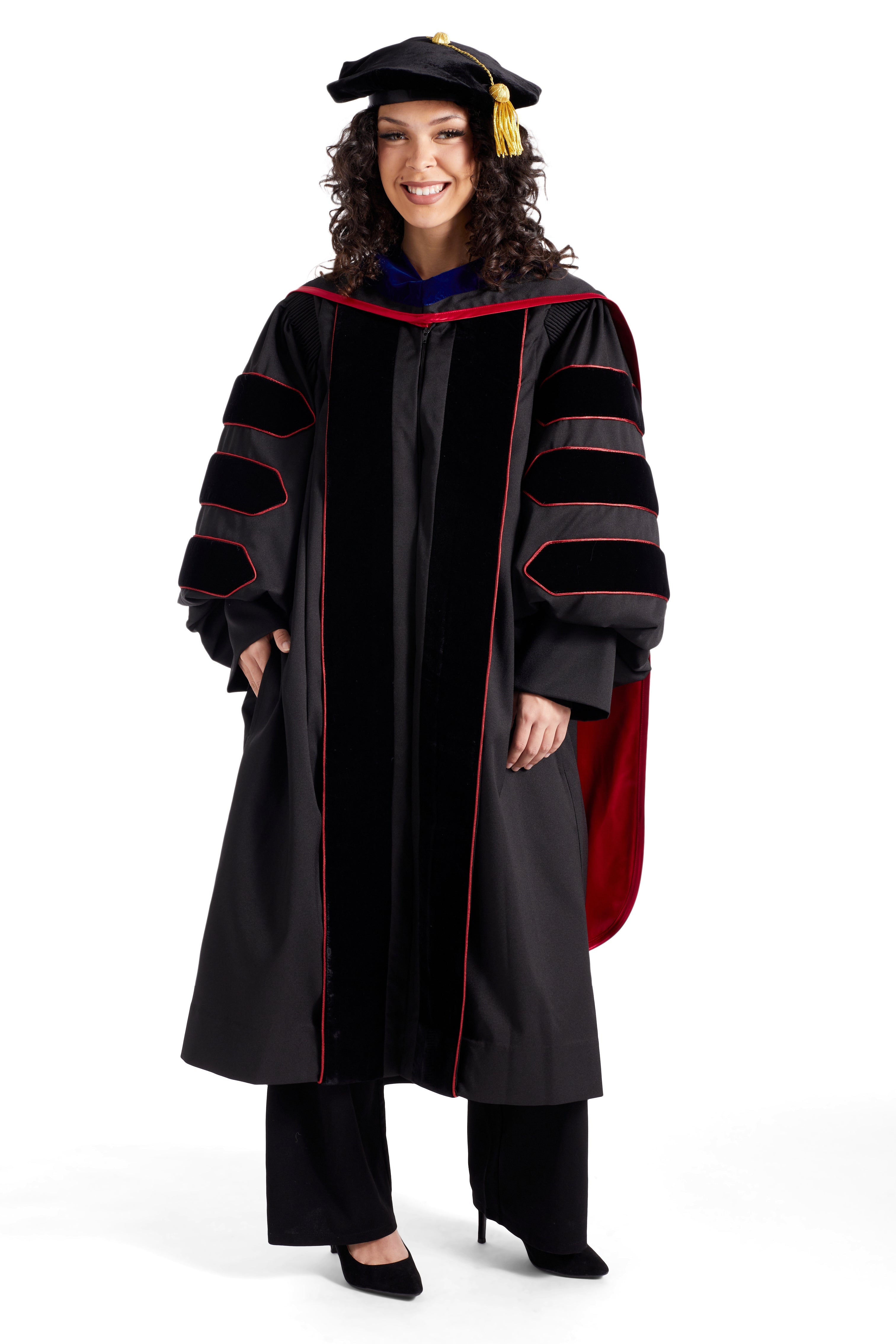 The University of Alabama PhD Regalia Set. Doctoral Gown, Hood, and Eight Sided Doctoral Tam with Tassel