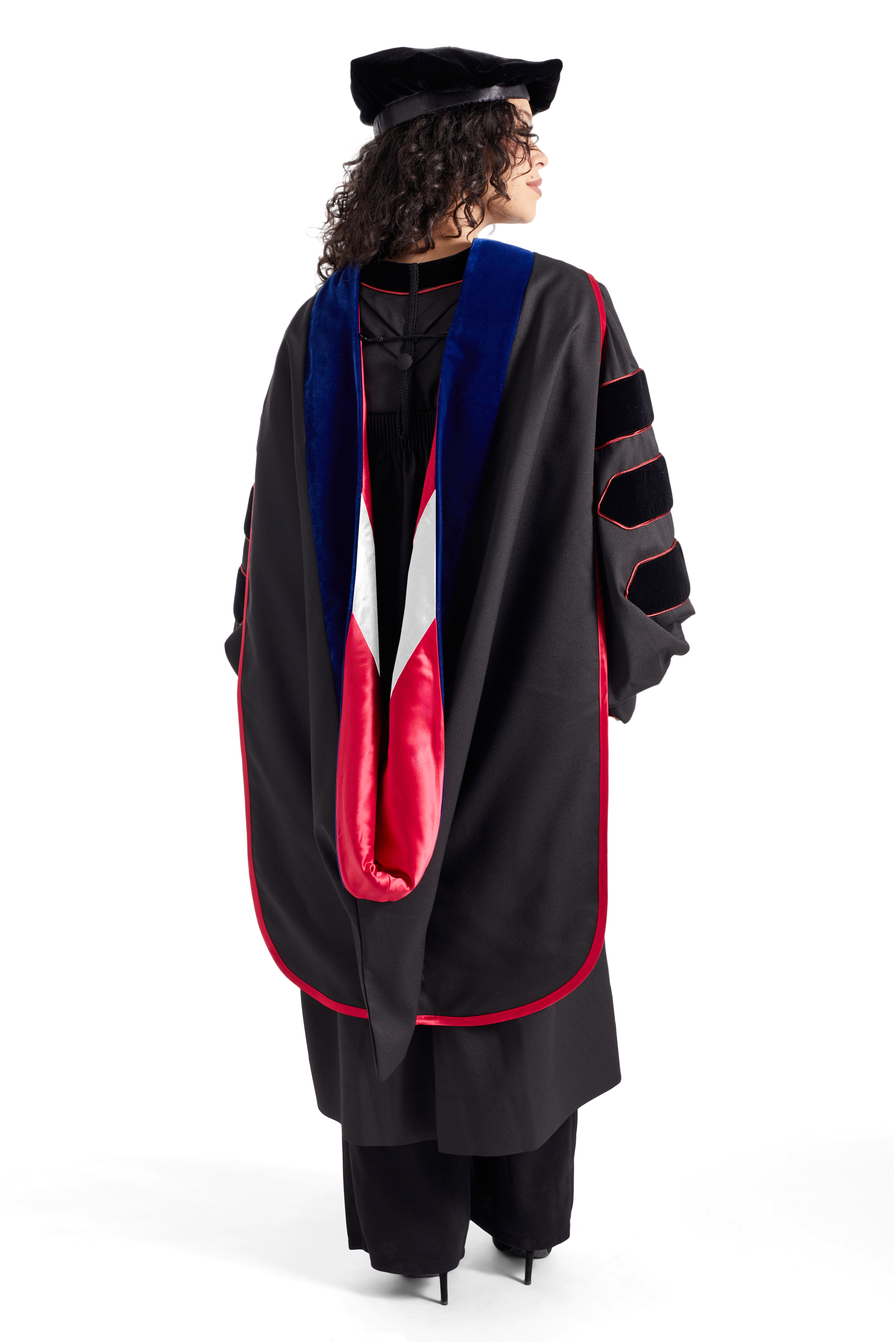 The University of Alabama PhD Regalia Set. Doctoral Gown, Hood, and Eight Sided Doctoral Tam with Tassel