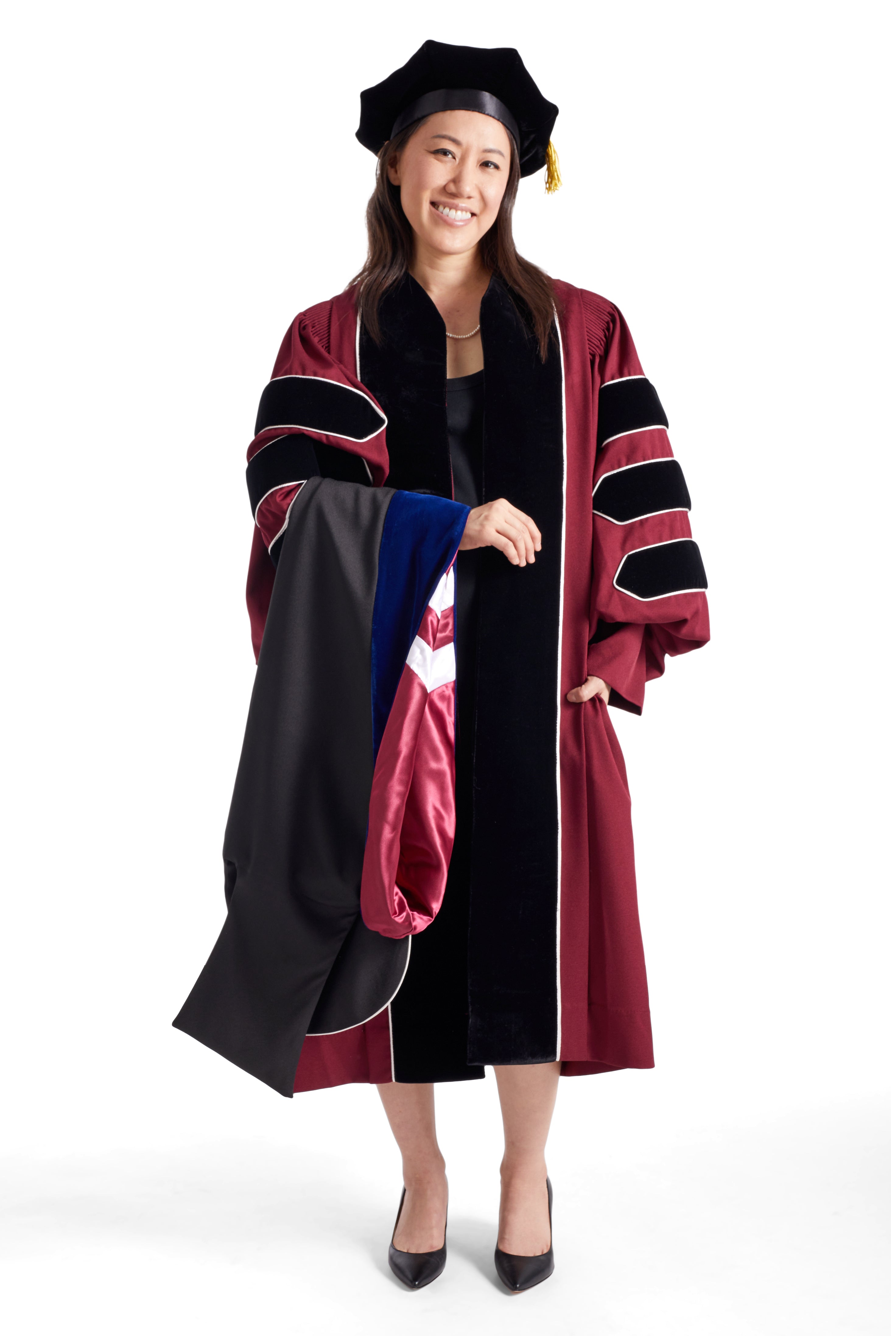 UMass Amherst Doctoral Regalia Rental Set. Doctoral Gown, Hood, and Cap / Tam with Tassel