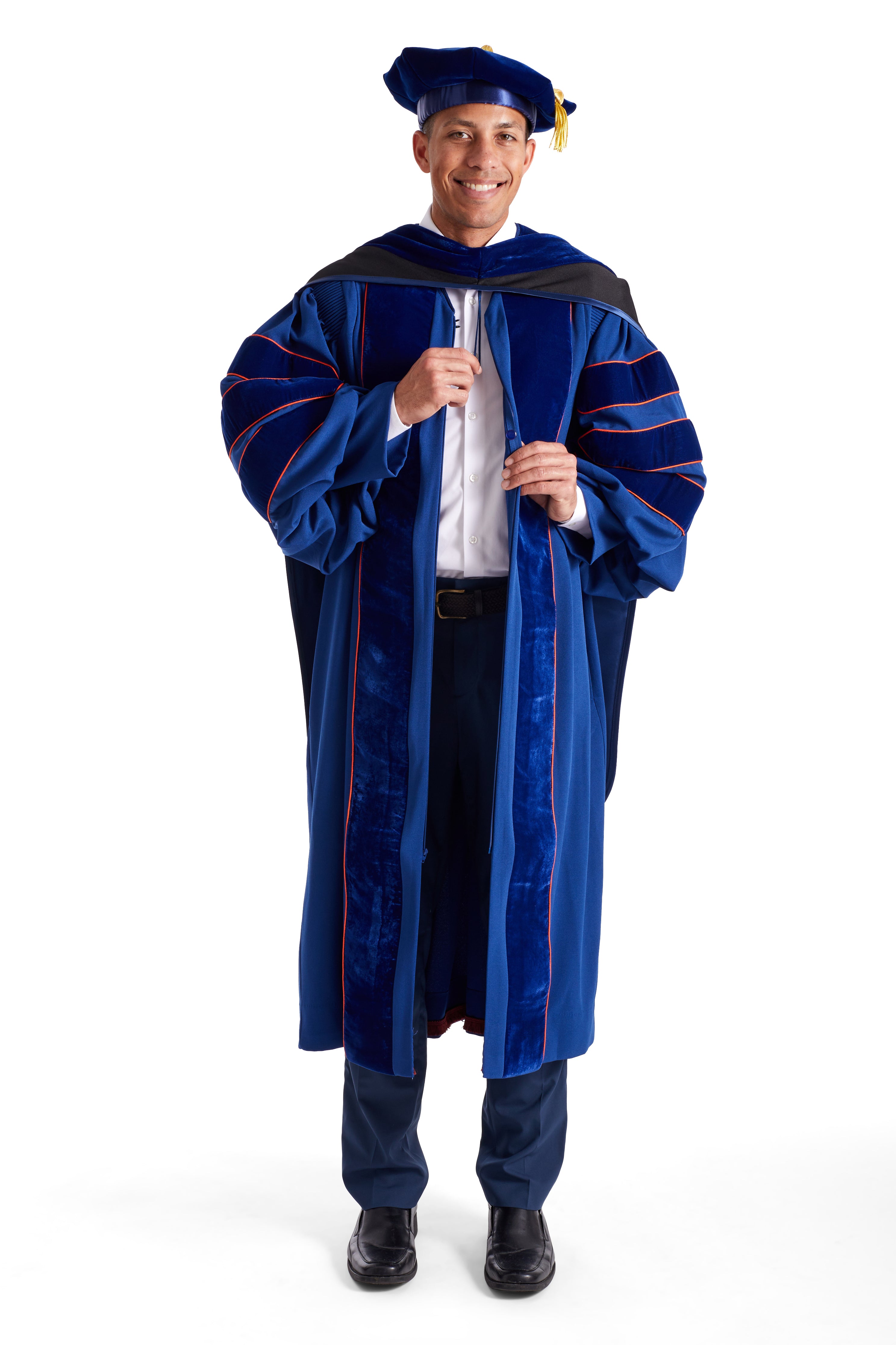 University of Illinois Urbana-Champaign PhD Regalia Set. Doctoral Gown, Hood, and Eight Sided Doctoral Tam with Tassel