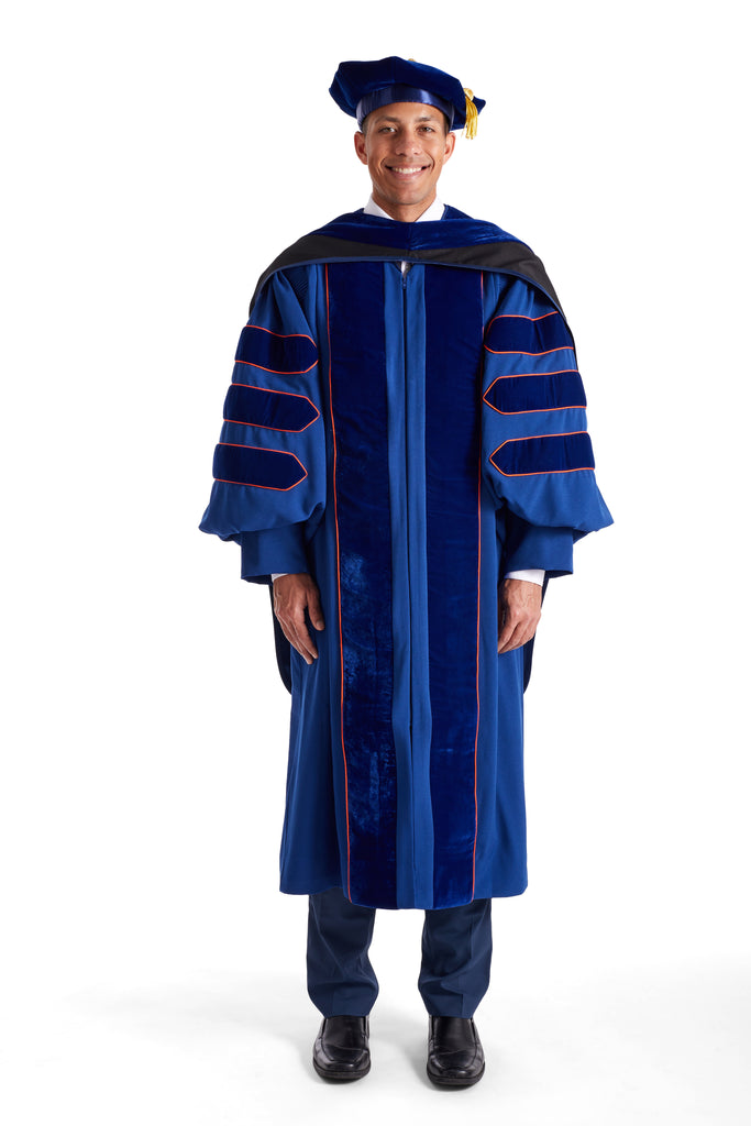 University of Illinois Urbana-Champaign PhD Regalia Set. Doctoral Gown, Hood, and Eight Sided Doctoral Tam with Tassel