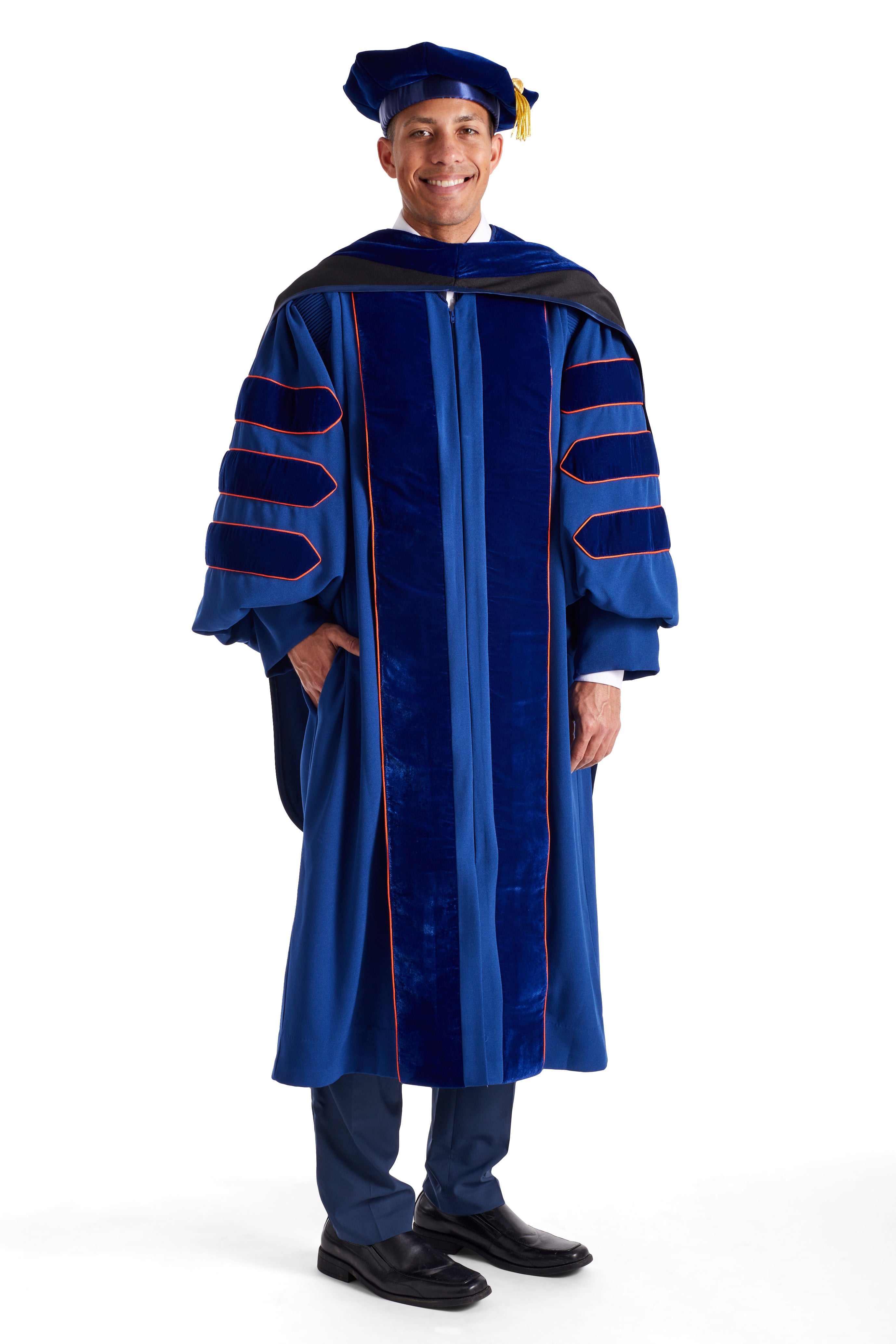 University of Illinois Urbana-Champaign PhD Regalia Set. Doctoral Gown, Hood, and Eight Sided Doctoral Tam with Tassel