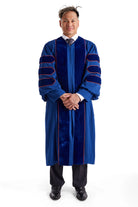 Pepperdine University doctoral gown in dark blue with blue velvet panels and chevrons