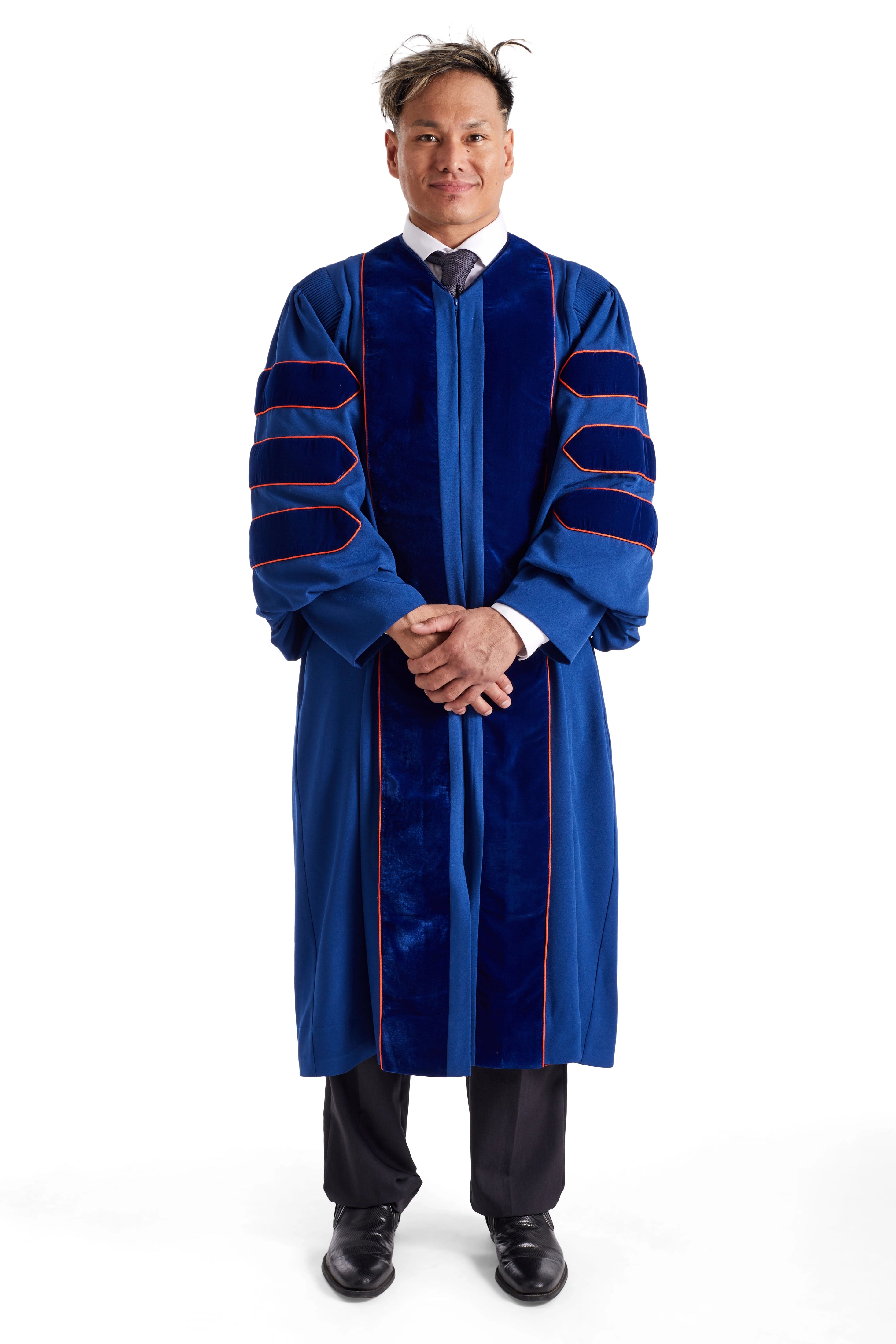 Pepperdine University doctoral gown in dark blue with blue velvet panels and chevrons