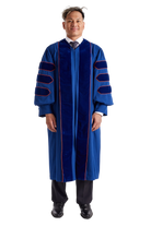 Pepperdine University doctoral gown in dark blue with blue velvet panels and chevrons
