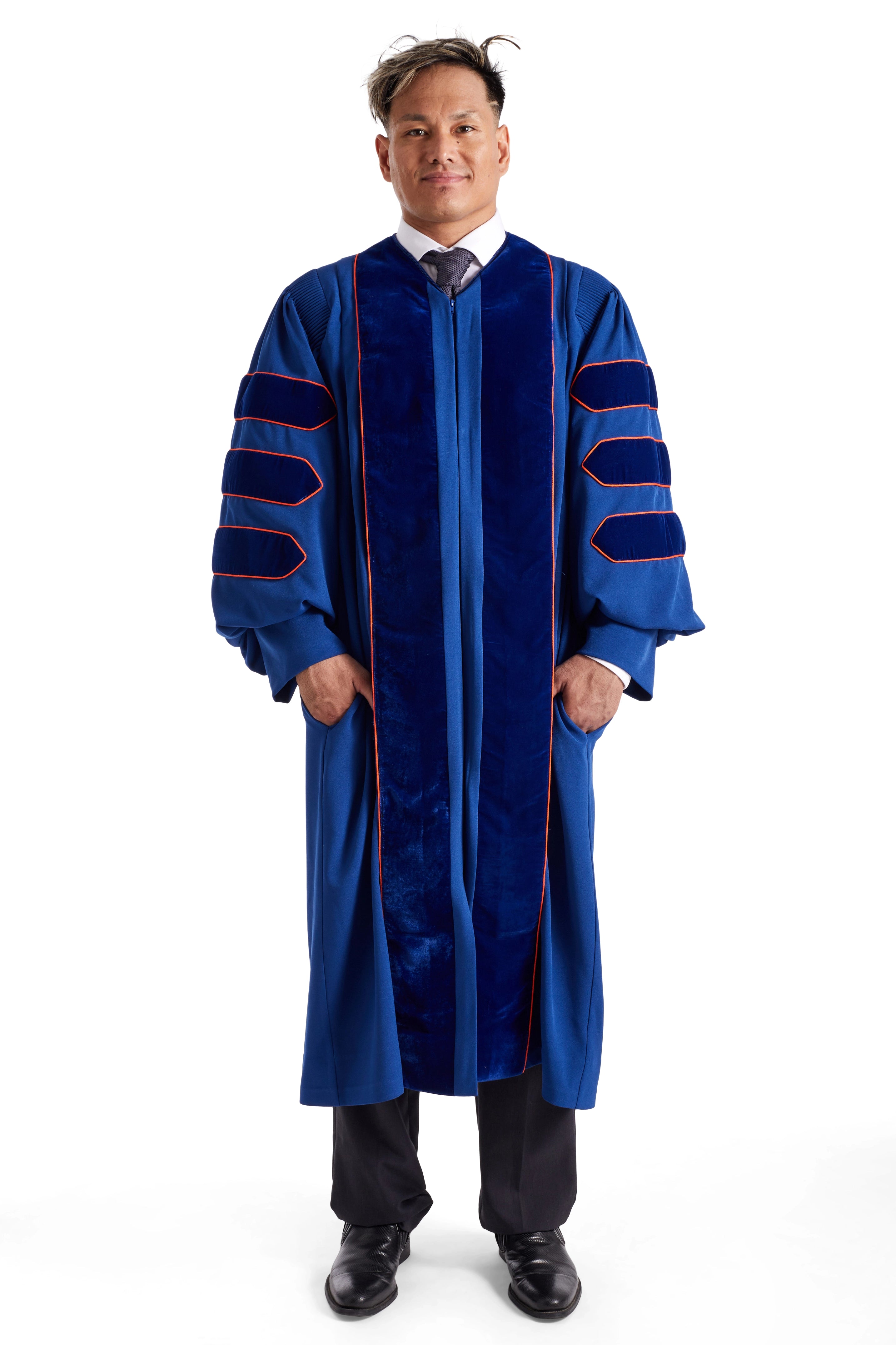 Pepperdine University doctoral gown in dark blue with blue velvet panels and chevrons