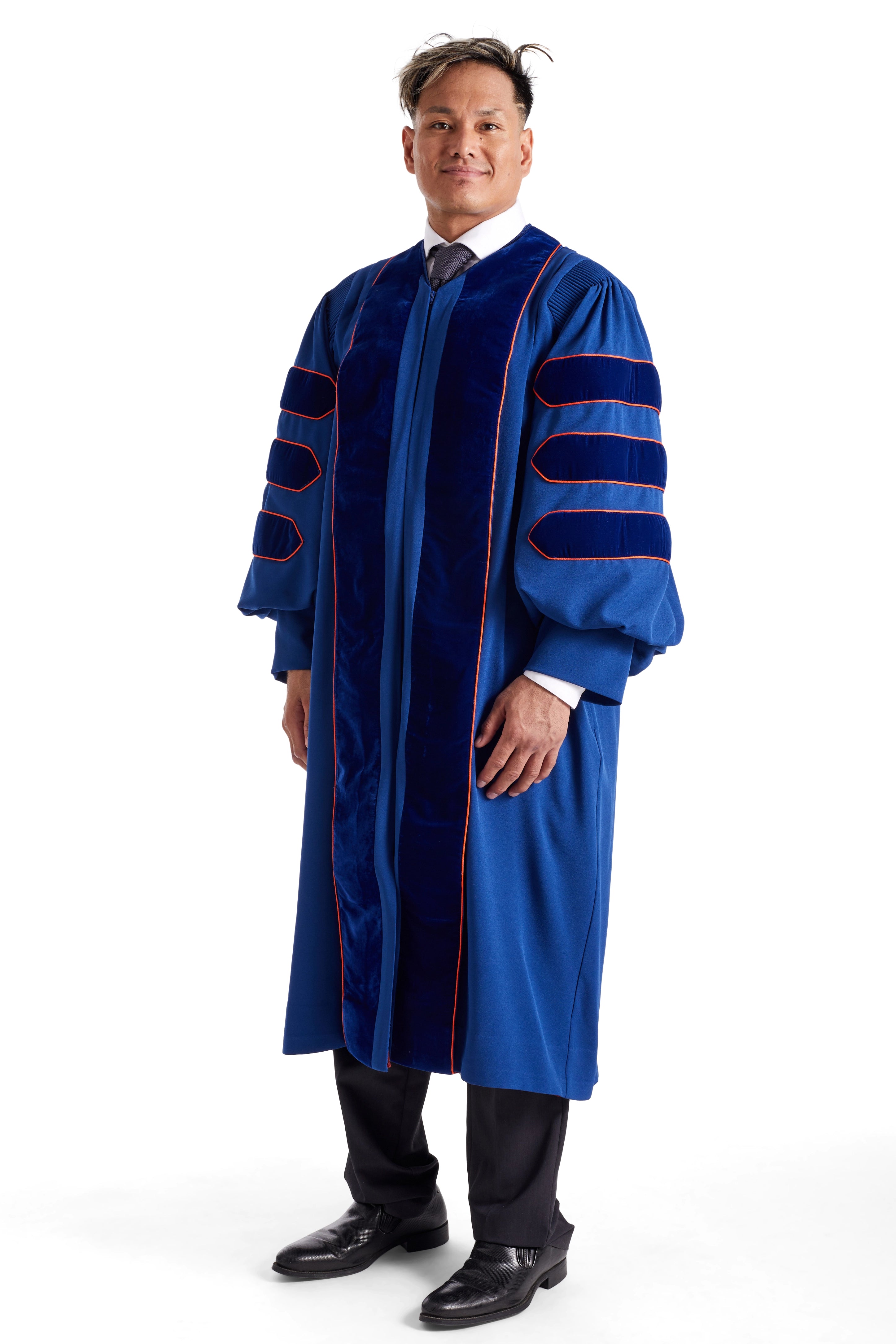 Pepperdine University doctoral gown in dark blue with blue velvet panels and chevrons