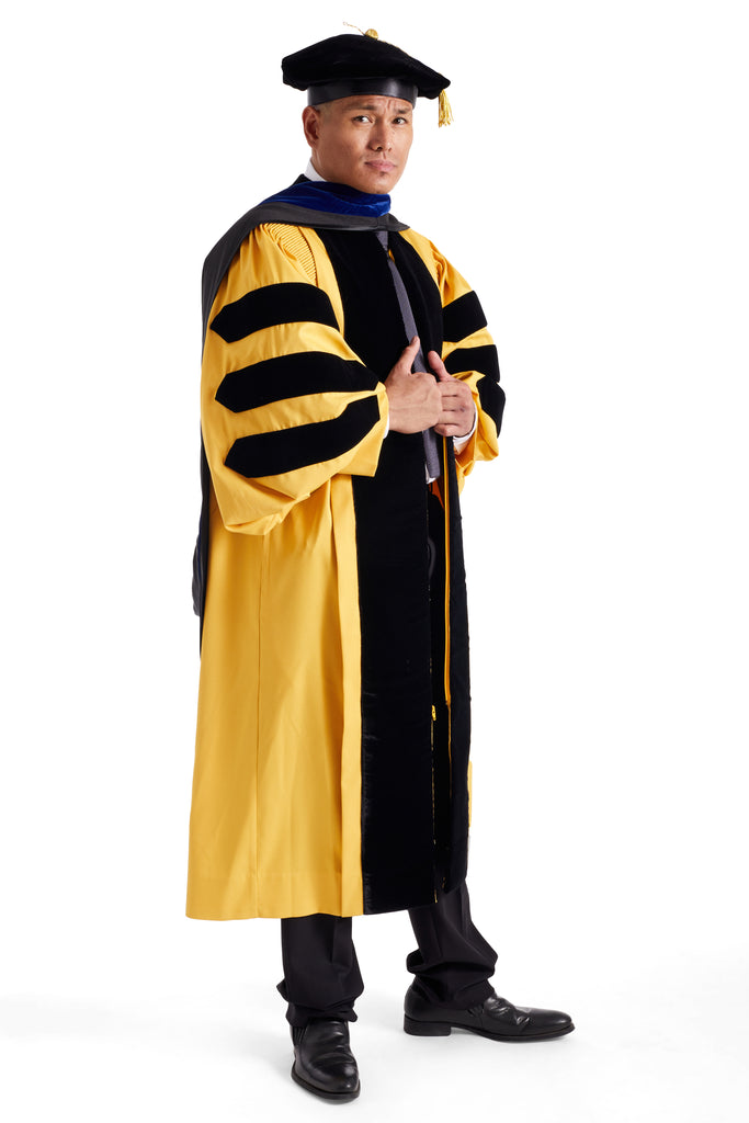 Johns Hopkins University PhD Regalia Set. Doctoral Gown, Hood, and Eight Sided Doctoral Tam with Tassel