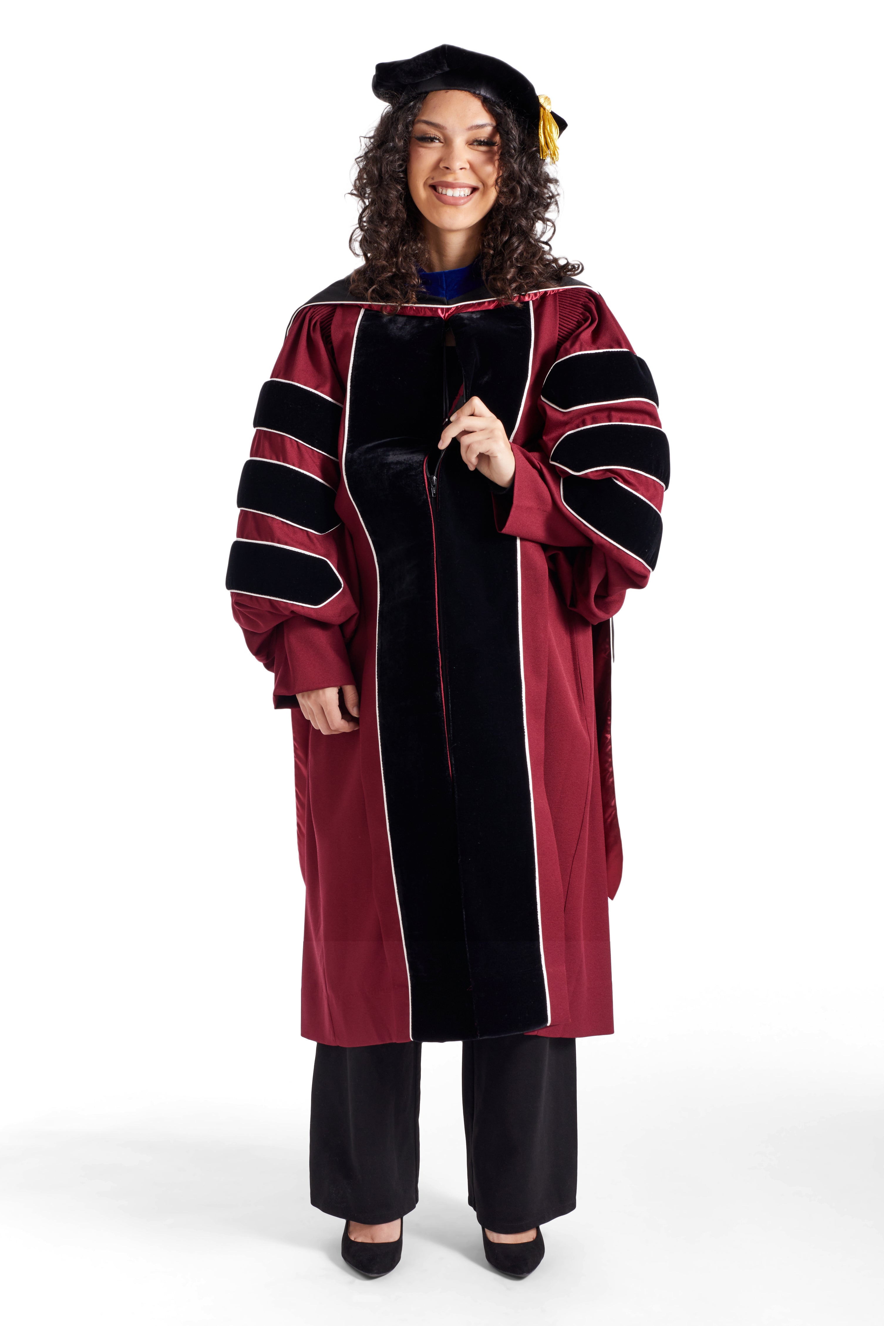 UMass Amherst PhD Regalia Set. Doctoral Gown, Hood, and Eight Sided Doctoral Tam with Tassel