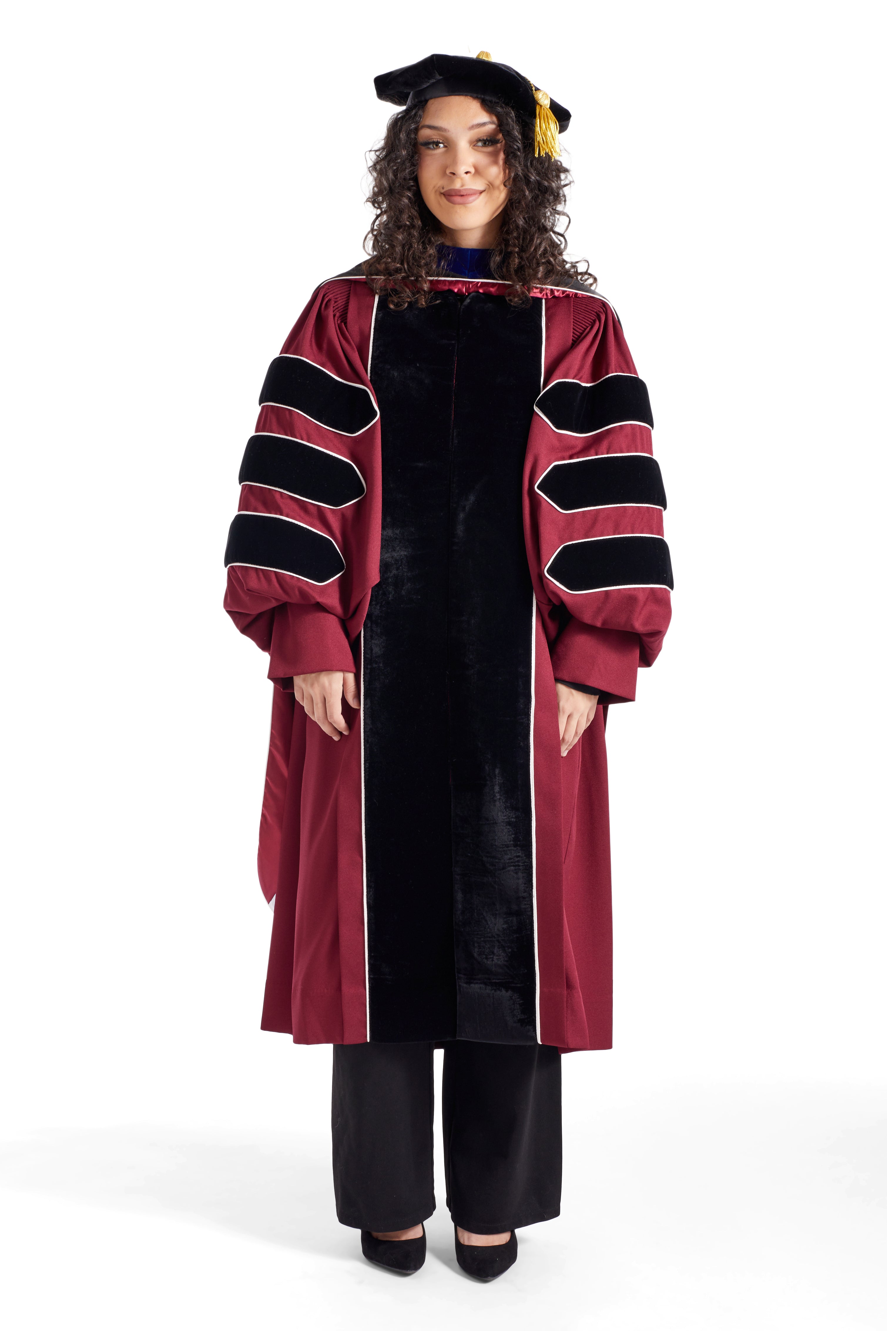 UMass Amherst PhD Regalia Set. Doctoral Gown, Hood, and Eight Sided Doctoral Tam with Tassel