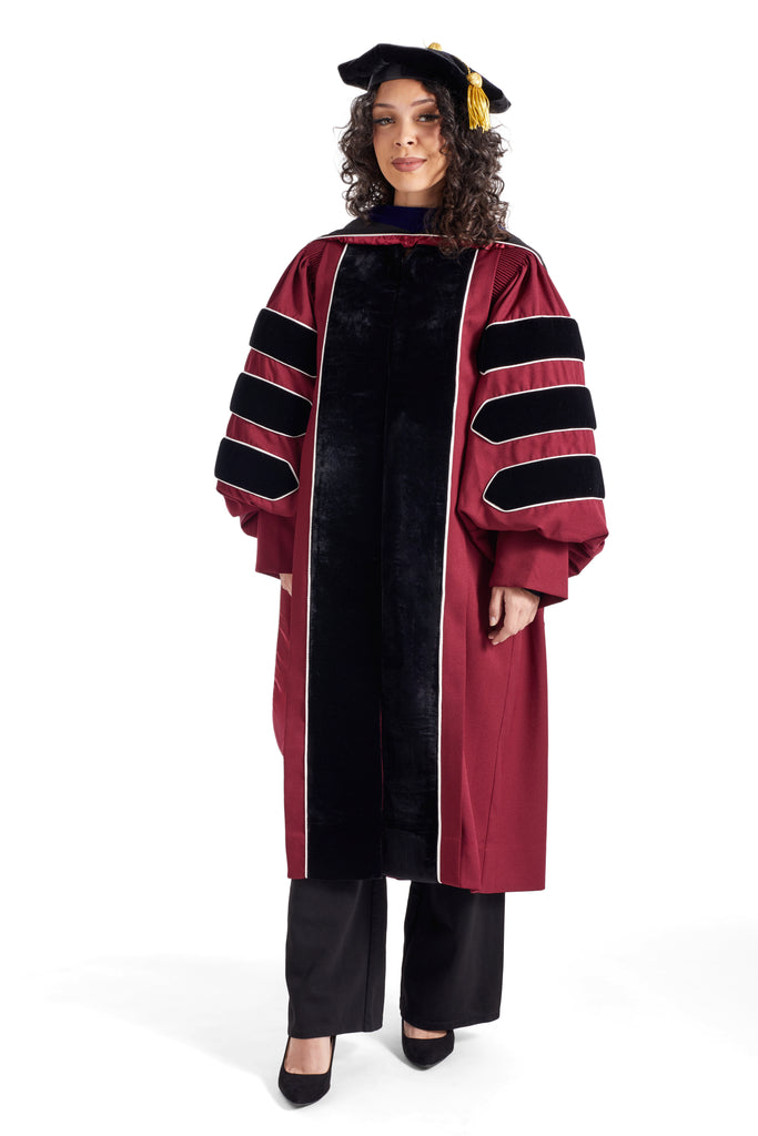 UMass Amherst PhD Regalia Set. Doctoral Gown, Hood, and Eight Sided Doctoral Tam with Tassel