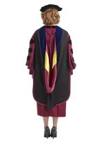 Arizona State University  doctoral hood with maroon and yellow satin lining, blue velvet trim for PhD discipline, and premium tailored construction meeting Intercollegiate Bureau of Academic Costume standards.